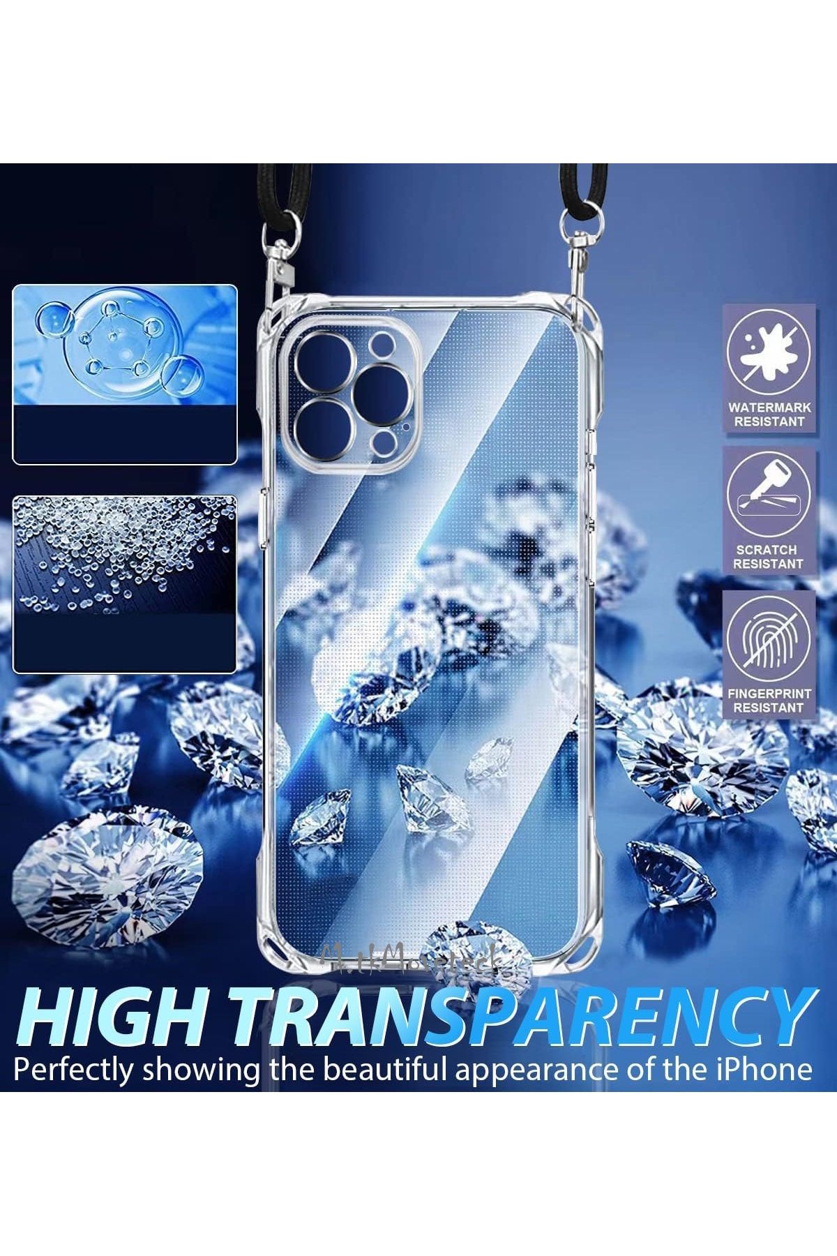 m.tk moveteck-iPhone 15 Pro Max Case Corner Protection Transparent Silicone Neck and Shoulder Strap Drawstring Phone Bag Rope 3