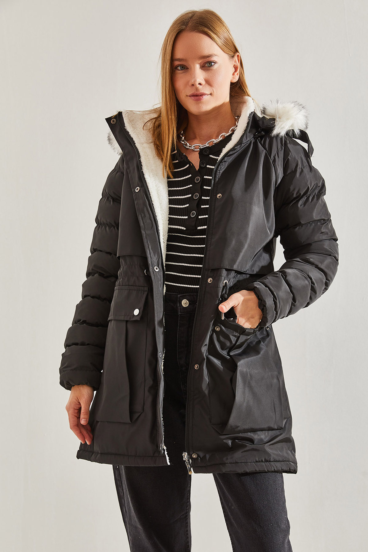 Women's Fur Hooded, Large Double Pocket, Waist Tied Puffer Coat