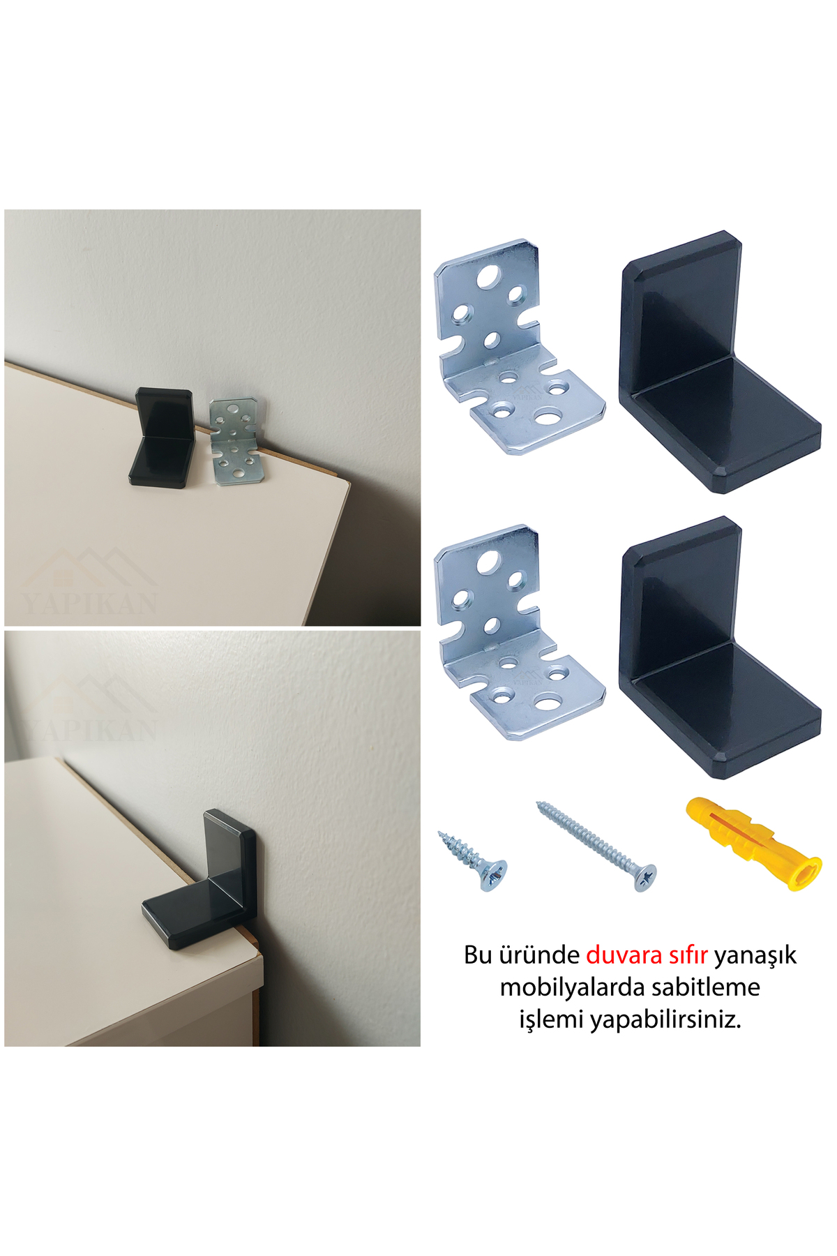 Yapıkan 2 ad. Siyah Bebek Güvenliği Dolap Sabitleme Aparatı Seti - Şifonyer Masa Duvara Sabitleyici Aparat fotoğrafı 2 (önizleme)