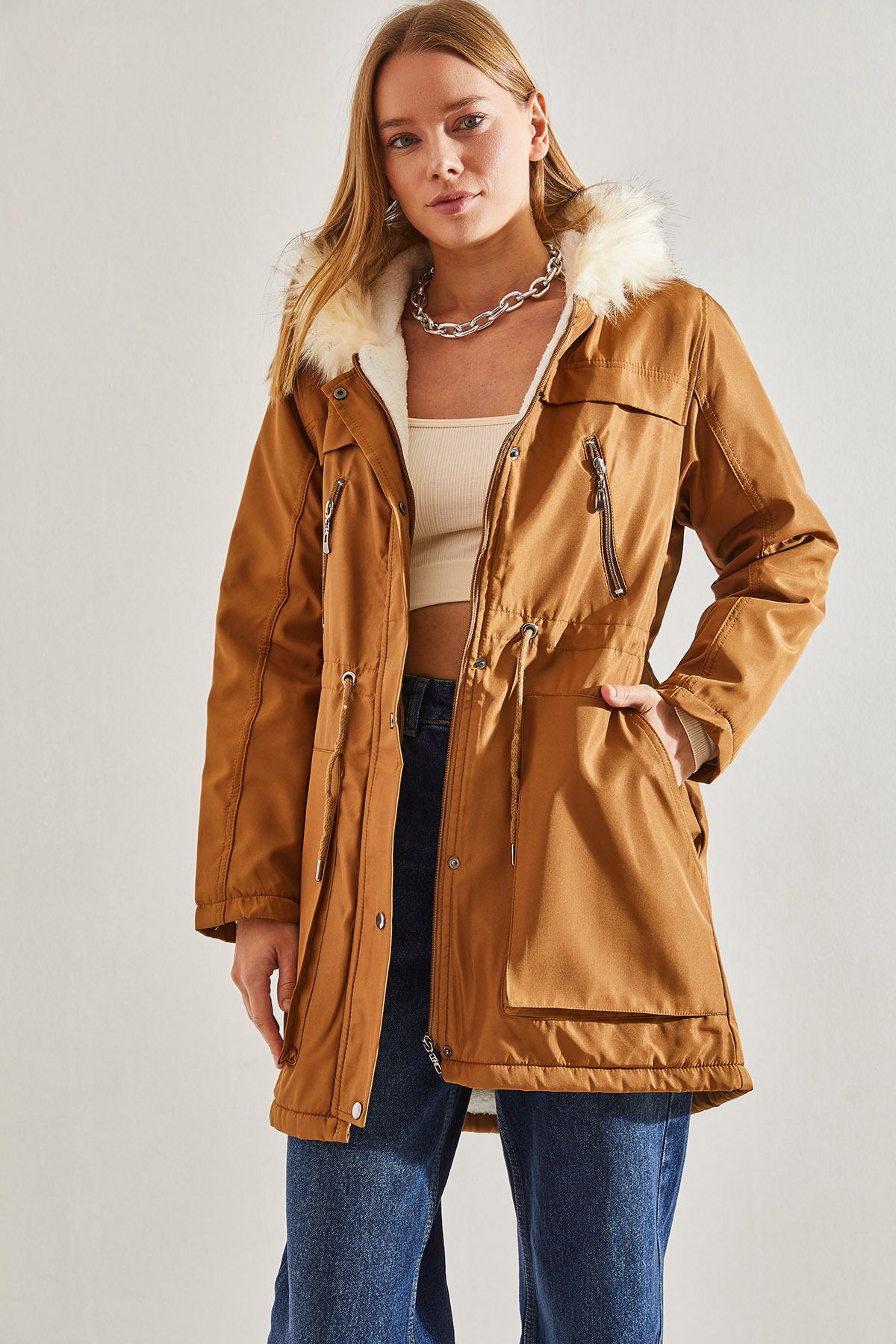 Bianco Lucci Women s Fur Hooded Puffer Coat Trendyol