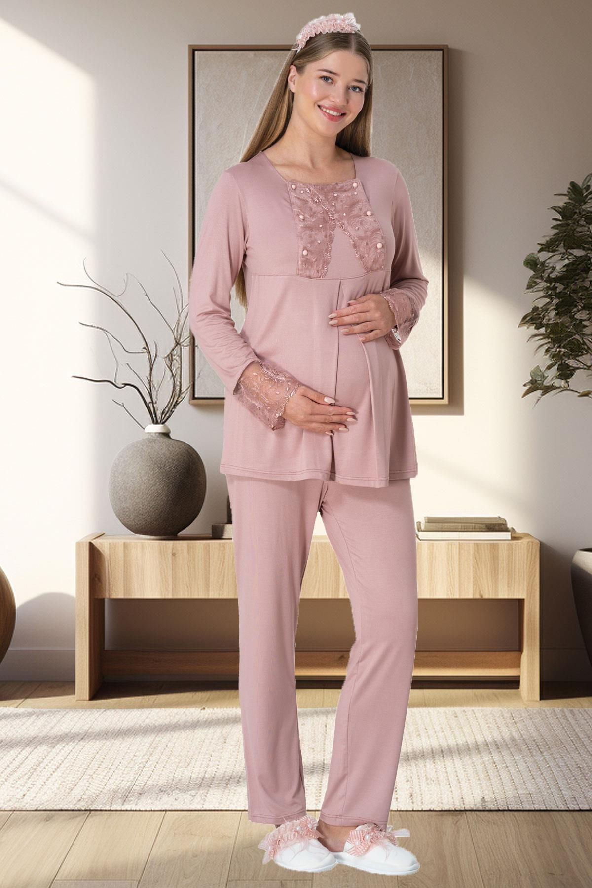 by İGP Powder Pink Plush Maternity Pajama Set with Dressing Gown - Trendyol