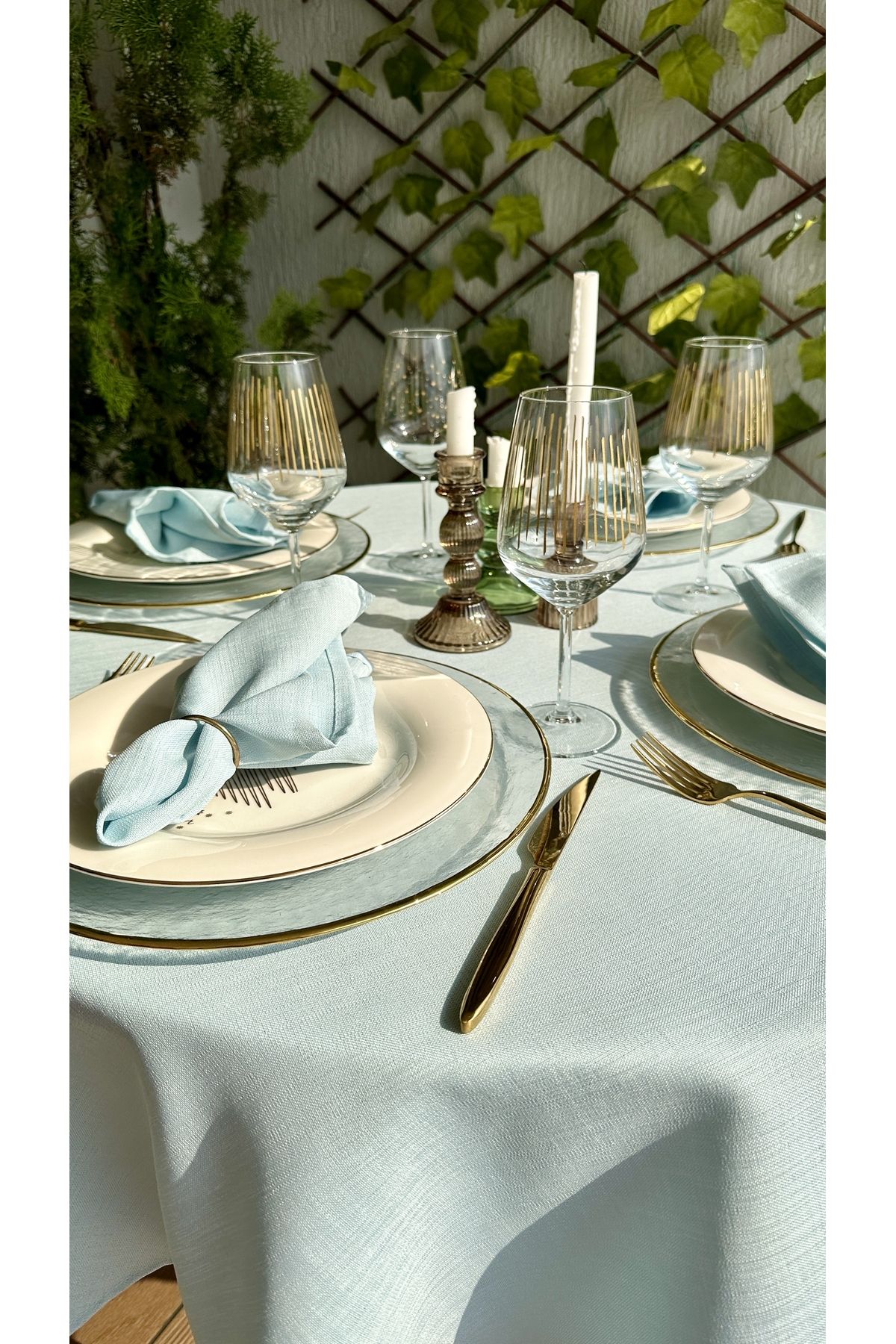 Decamor home-Linen Textured Cloud Blue Round Table Cloth 2
