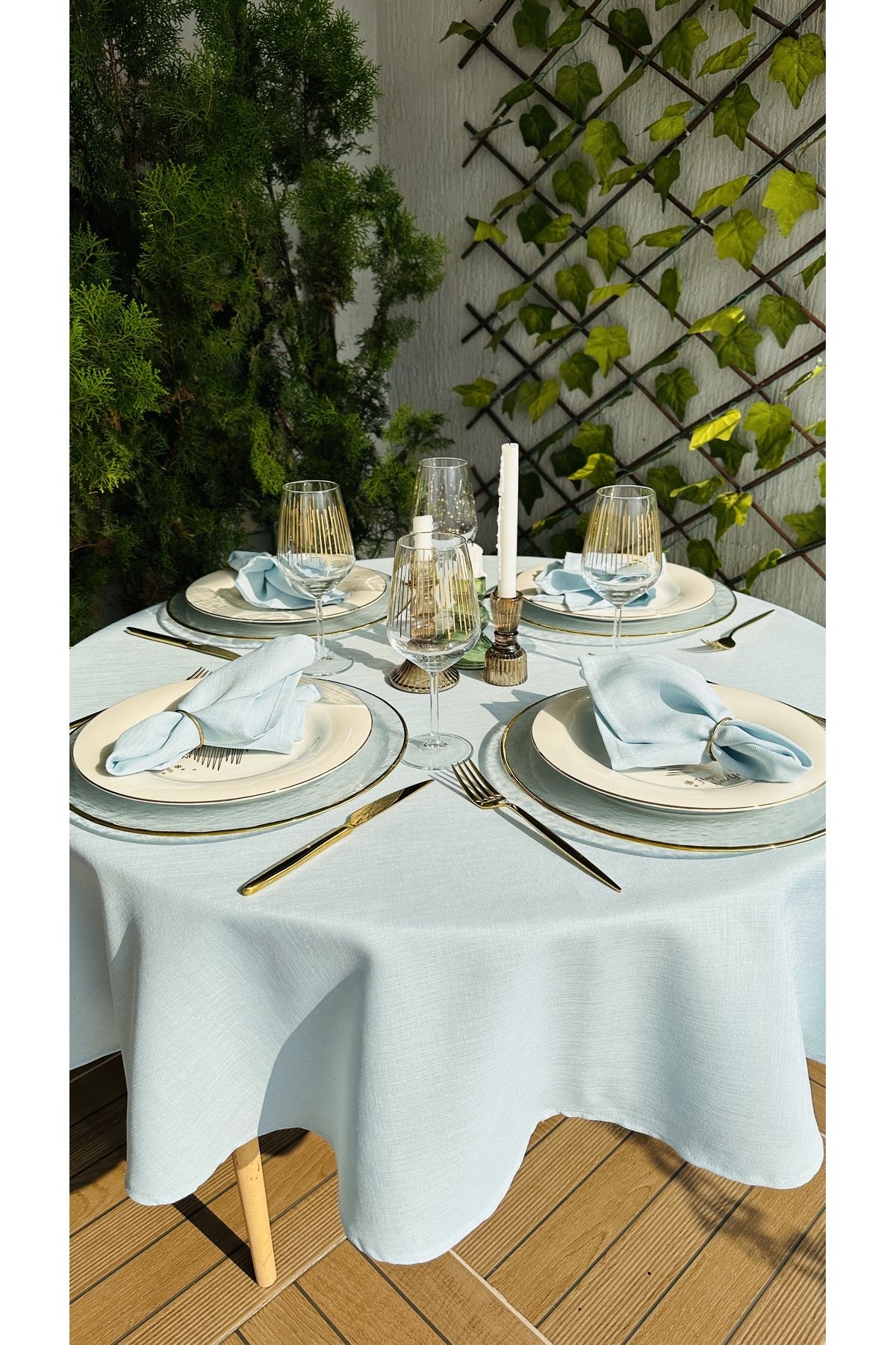 Decamor home-Linen Textured Cloud Blue Round Table Cloth 4