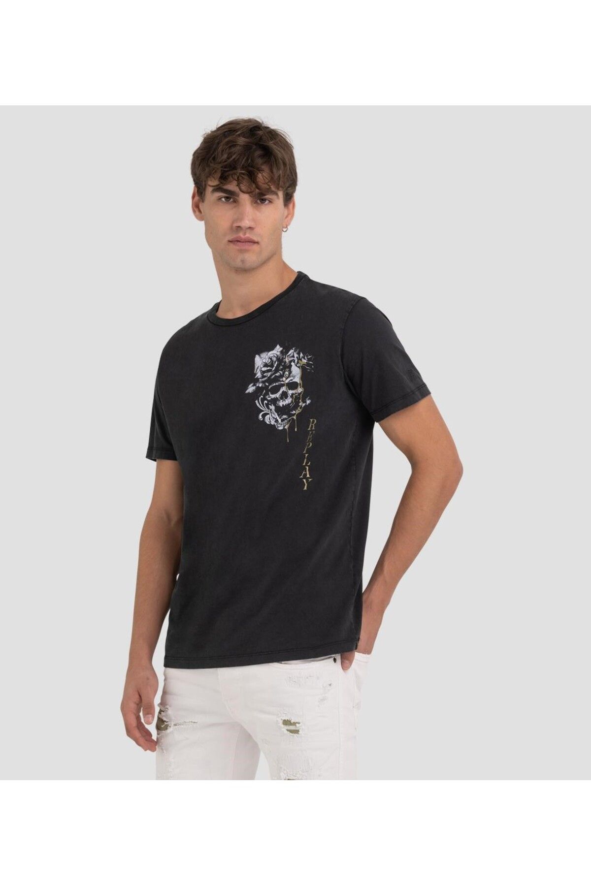 Replay Erkek Siyah Bask l T shirt Erkek Giyim