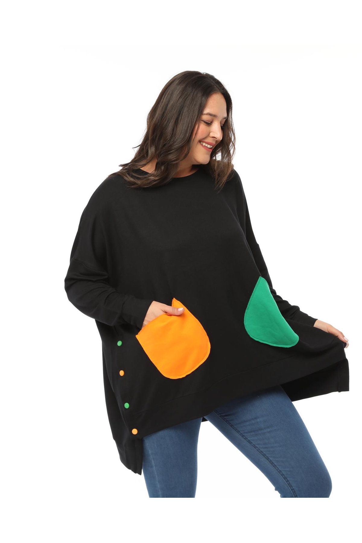 Esina Kadın Iki Iplik Renkli Cepli Oversize Sweatshirt