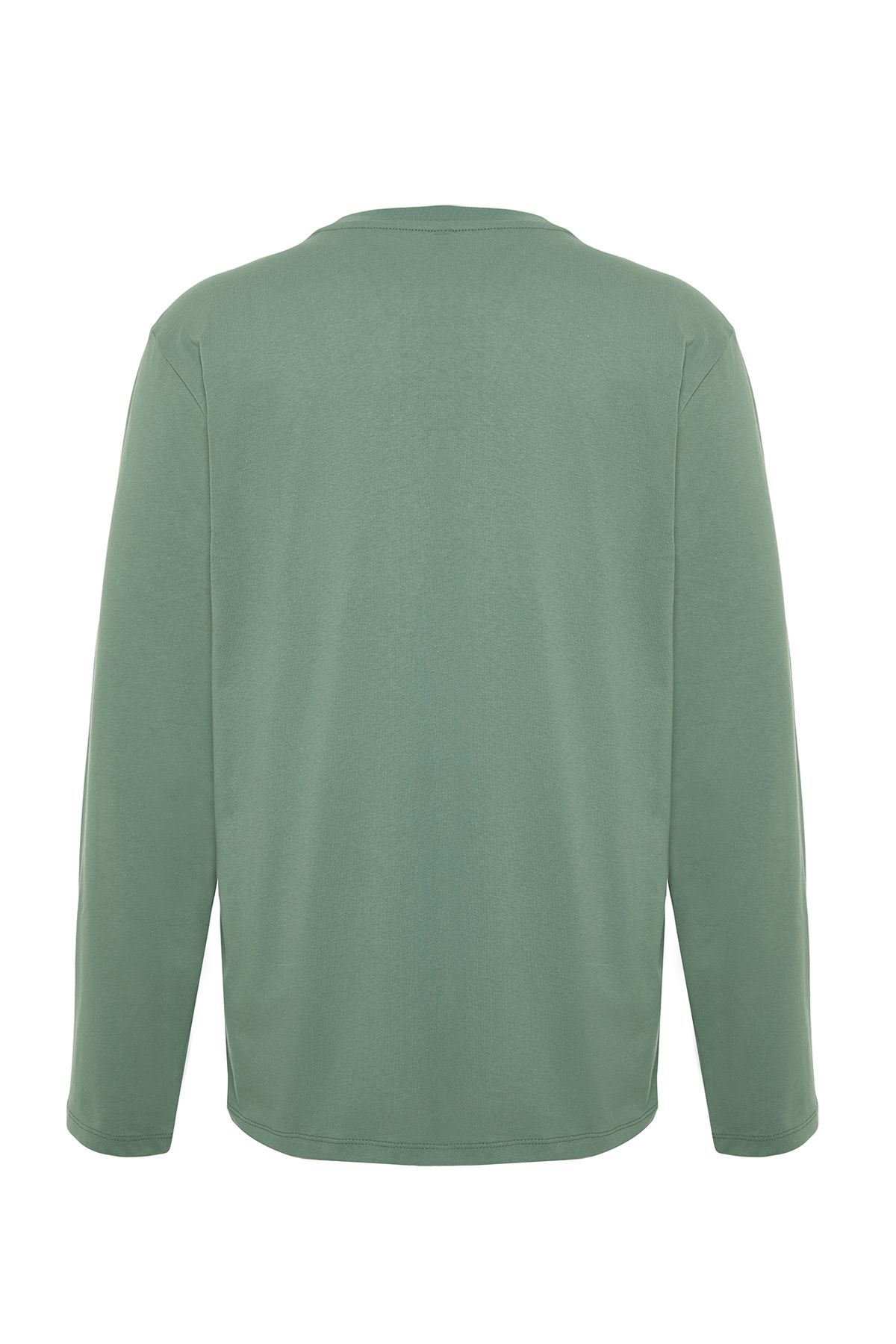 Trendyol Collection-Sötétzöld hosszú ujjú 100% pamut póló - Normal Fit TMNAW21TS0208 9