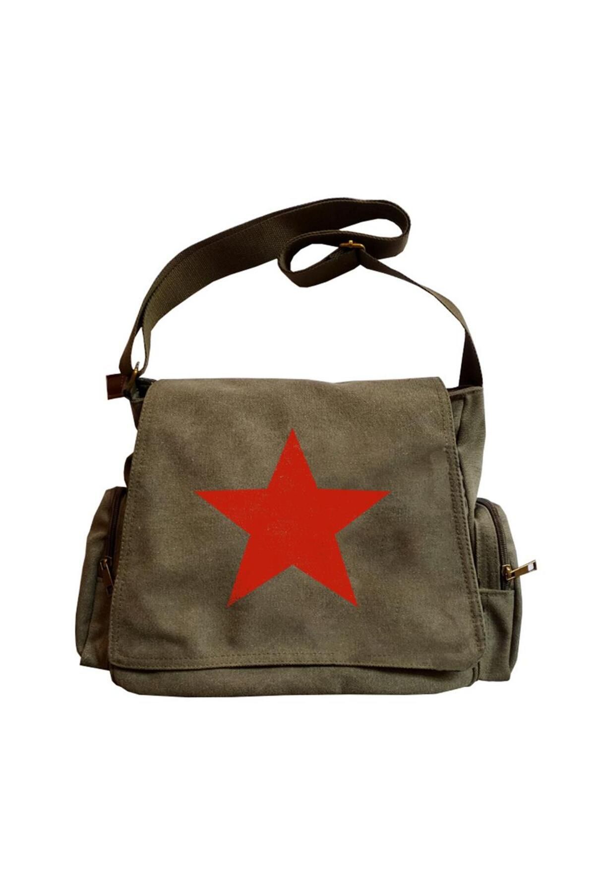 Touz LAGOM MODA Red Star Printed Unisex Green Messenger Bag Trendyol