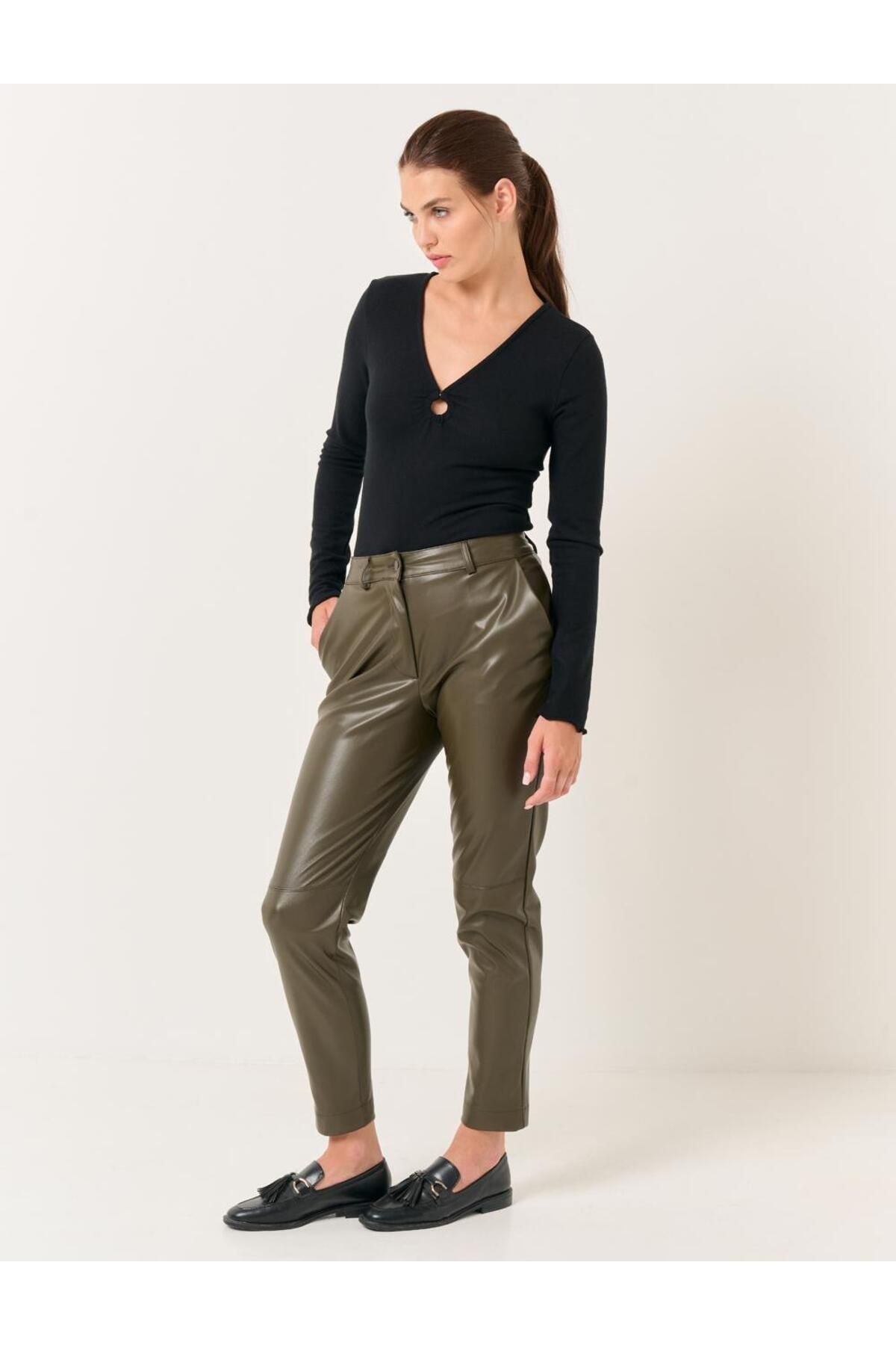Khaki shop leather trousers