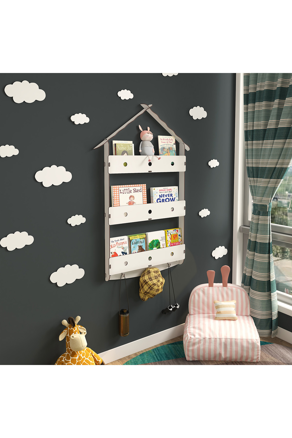 Mingitav Maison Çatılı Askılı Ahşap Eğitici Montessori Çocuk Odası Kitaplık fotoğrafı 6 (önizleme)