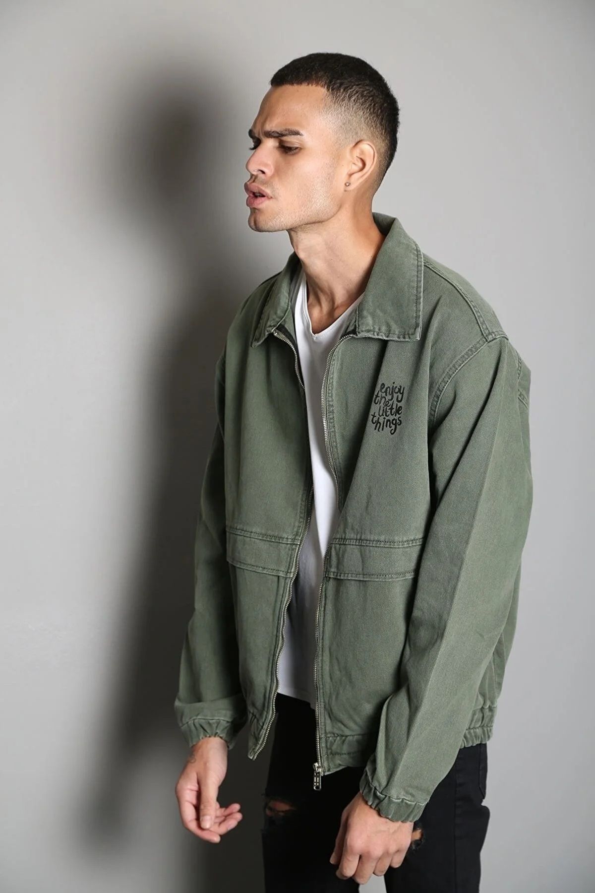 comstar Khaki Printed Men s Zippered Bomber Denim Jacket Trendyol