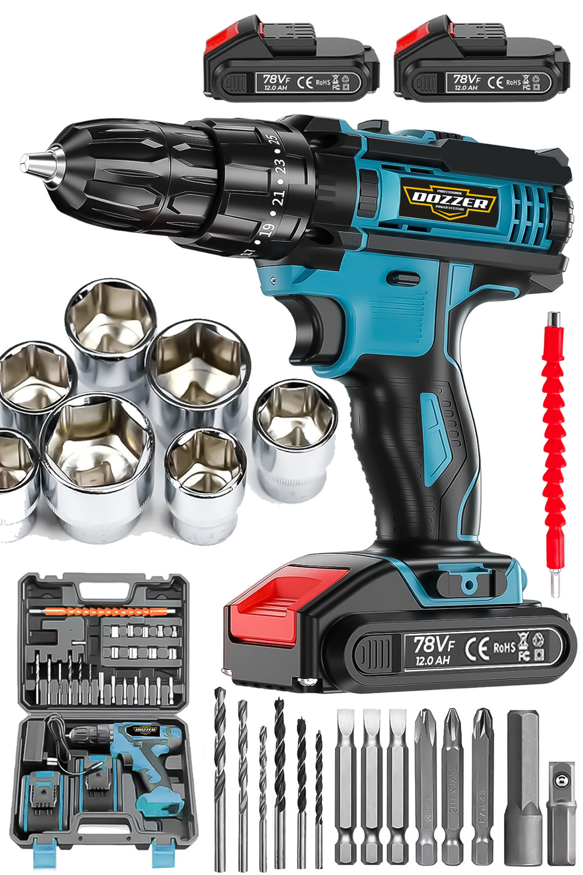 DOZZER Alman Seri 58 Vf 12 Ah Magnezyum Sargılı Motor Çelik Şanzuman 2 Akülü Matkap Şarjlı Vidalama Matkap