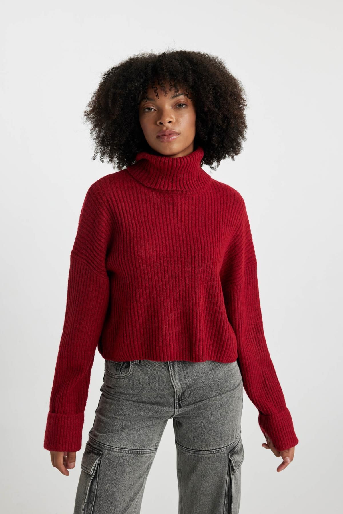 Defacto Oversize Fit Red Turtleneck Sweater Trendyol