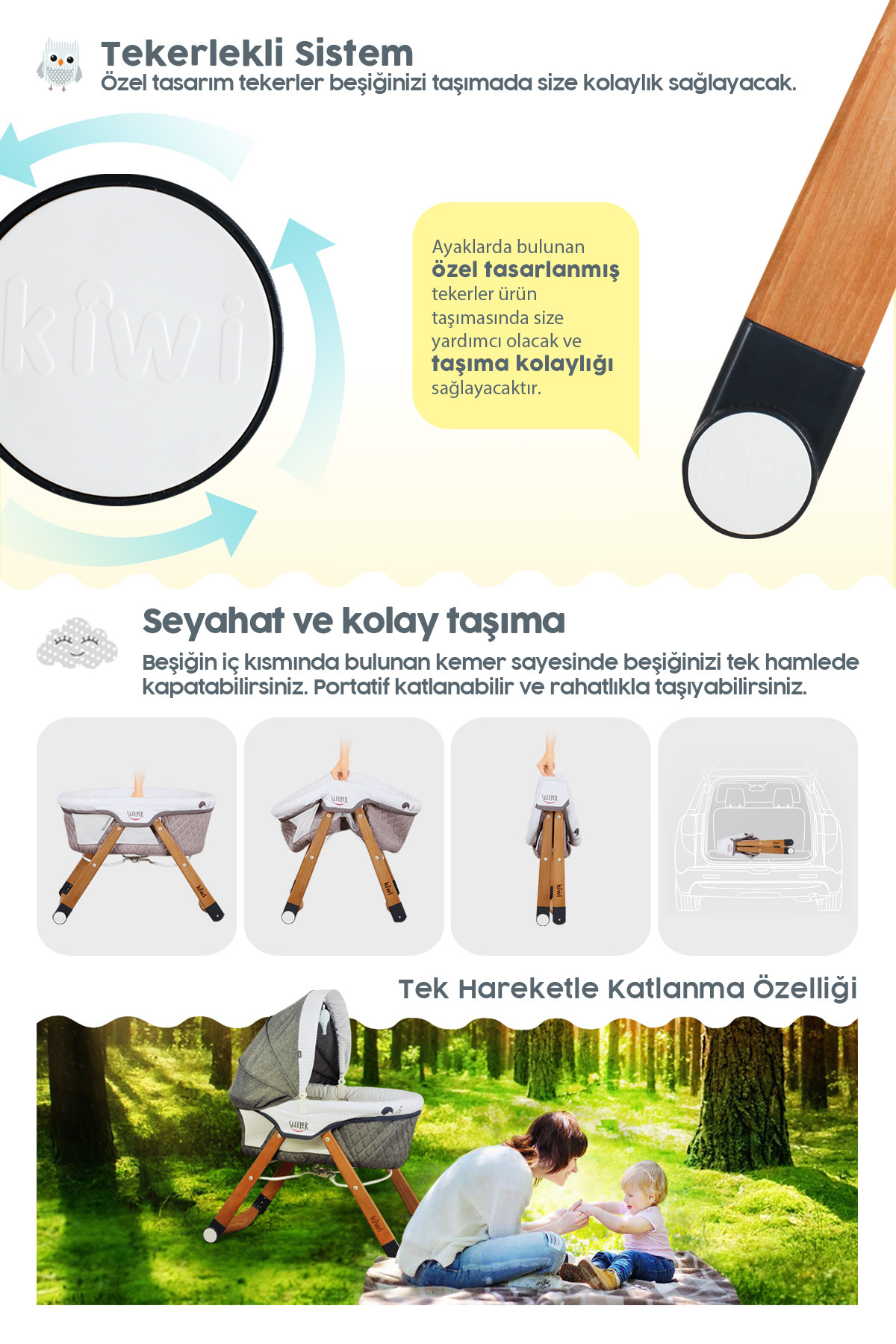 Kiwi Sleeper Anne Yanı Reflü Ayarlı Park Yatak Tekerli Katlanır Ahşap Beşik- Vizon fotoğrafı 7 (önizleme)