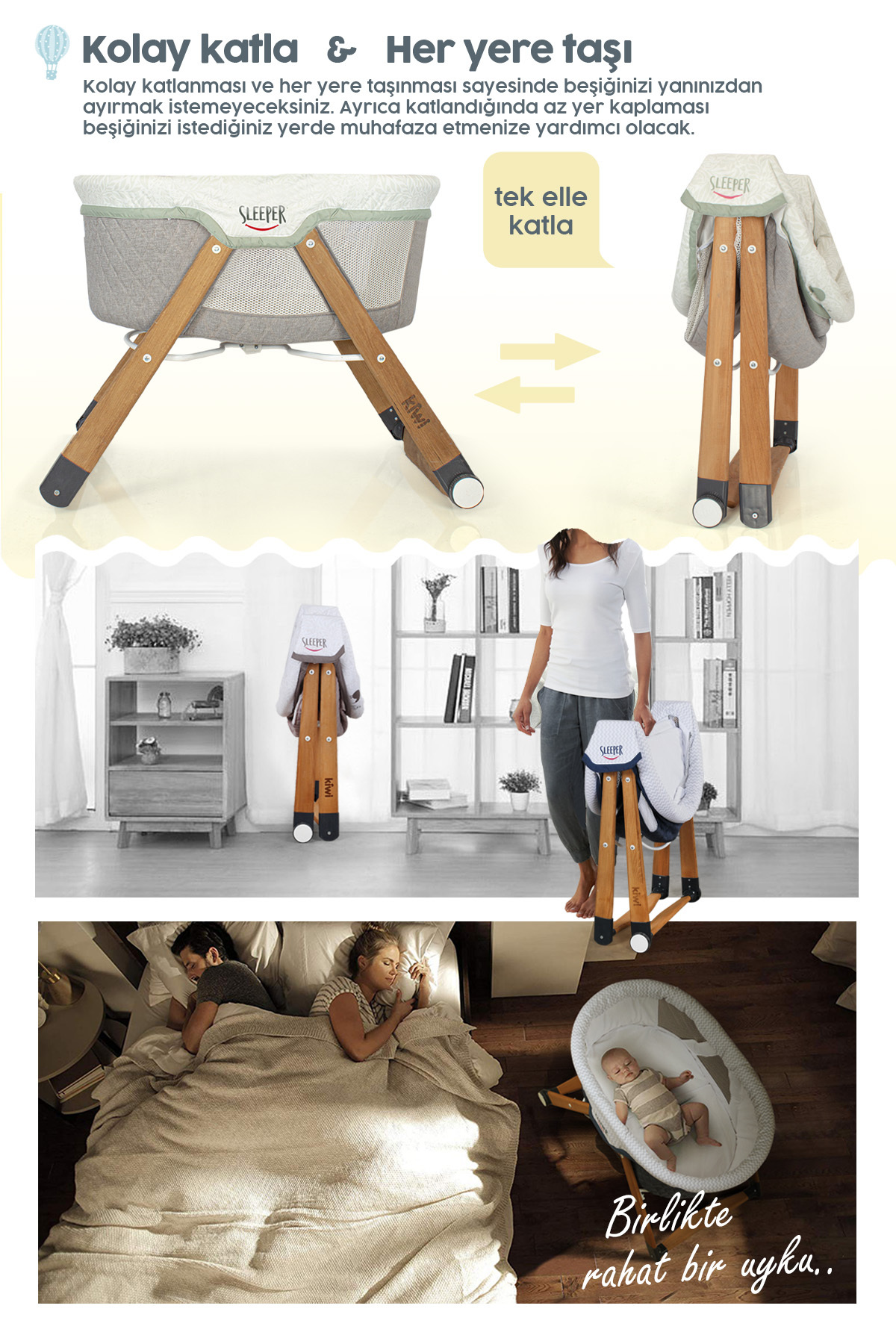 Kiwi Sleeper Anne Yanı Reflü Ayarlı Park Yatak Tekerli Katlanır Ahşap Beşik- Kahve fotoğrafı 7 (önizleme)