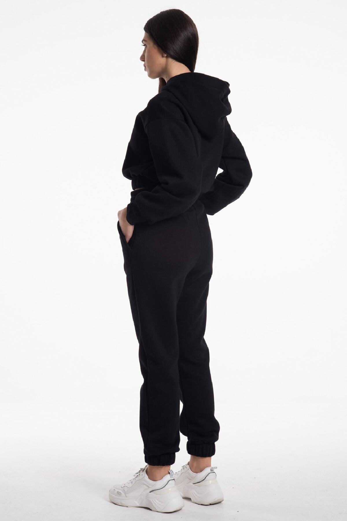 Kapüşonlu, Oversize, Yüksek Bel, Içi Polarlı Kumaş Kadın Eşofman Takımı — مشکی CY84156 — تصویر 5 از 5