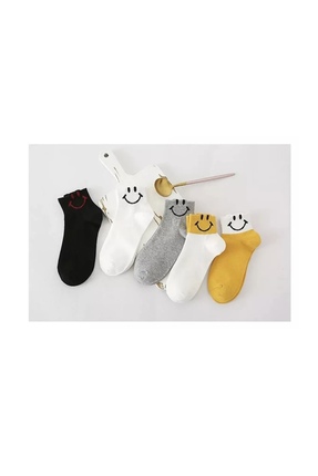 REYNBOO SOCKS 5 Çift Kadın Gülen Emoji Desenli Çeşitli Renkli Yarım Konç Pati...
