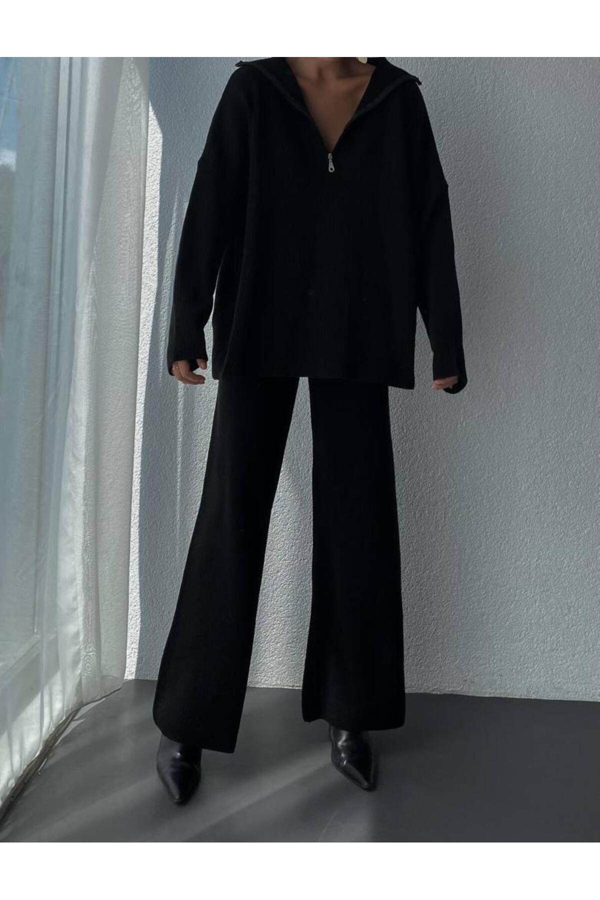 Knit Detailed Oversized Sweater Trousers Knitwear Bottom-Top Set
