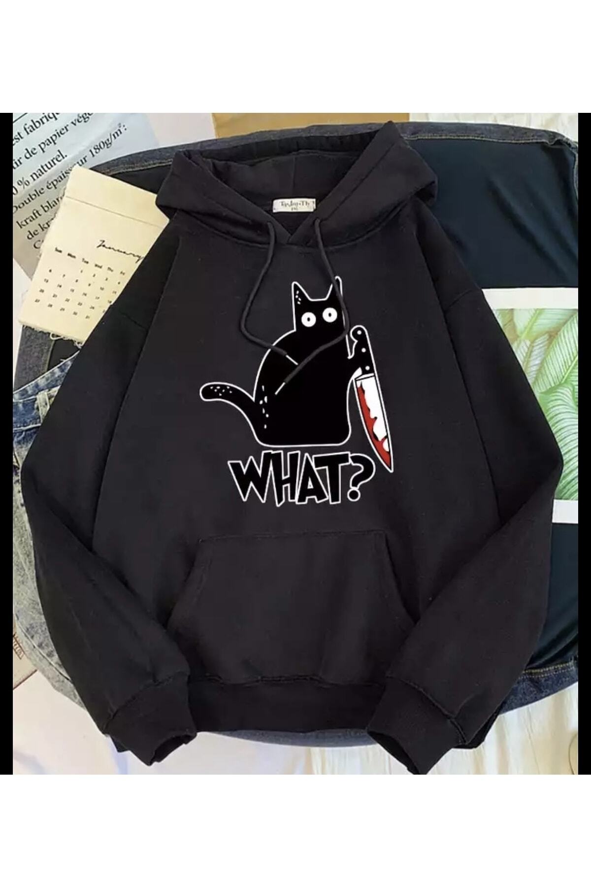 Custom Design Hooded What ? Cat Printed 100% Cotton Super Oversize Women's Swetshir Black