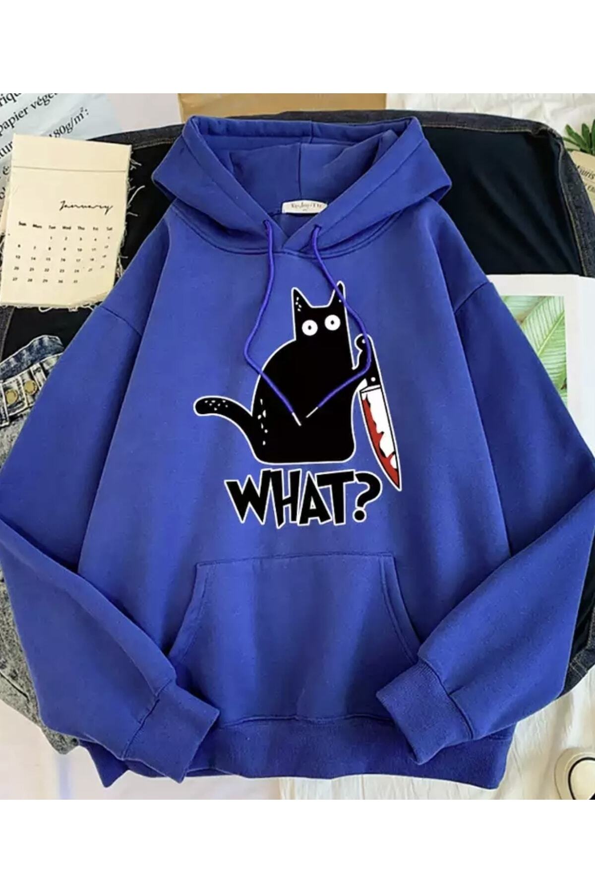 Custom Design Hooded What ? Cat Printed 100% Cotton Super Oversized Women's Sweatshirt Navy Blue
