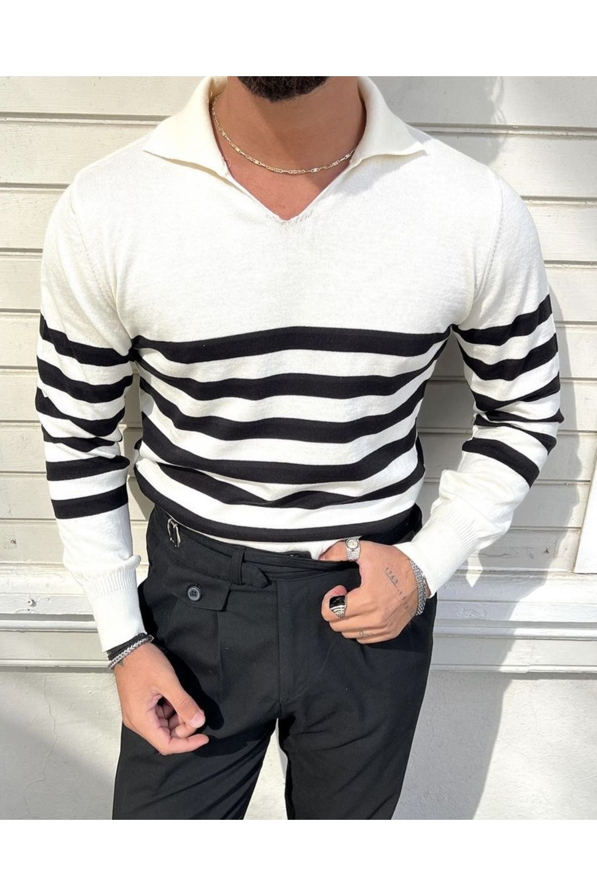 Black and white striped turtleneck mens hot sale