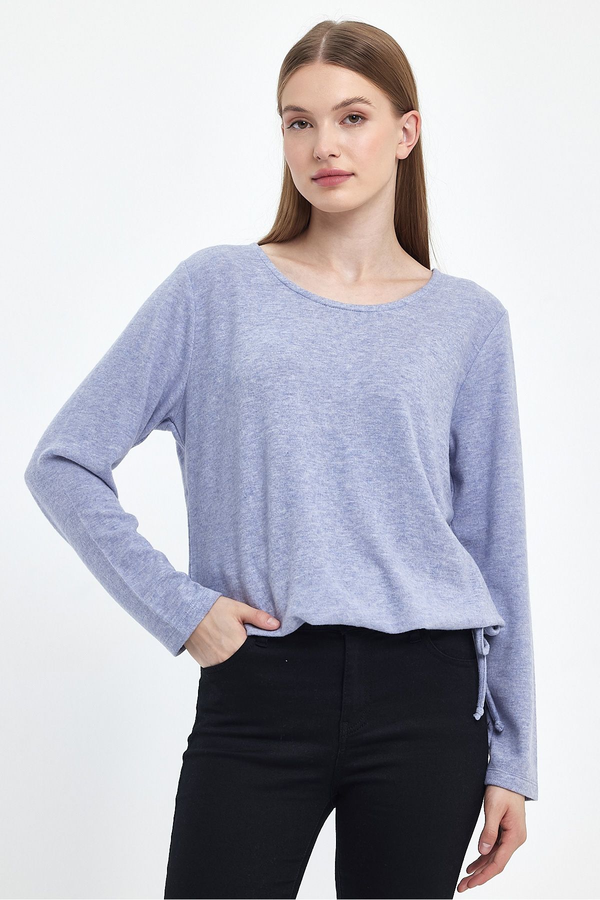 SAKURASTYLING Women s Blue Waist Drawstring Long Sleeve Blouse KE