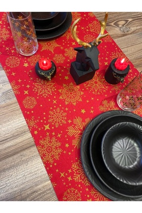 Zeren Home Sıvı Geçirmez Dertsiz Yılbaşı Detaylı Üçgen Runner Kırmızı