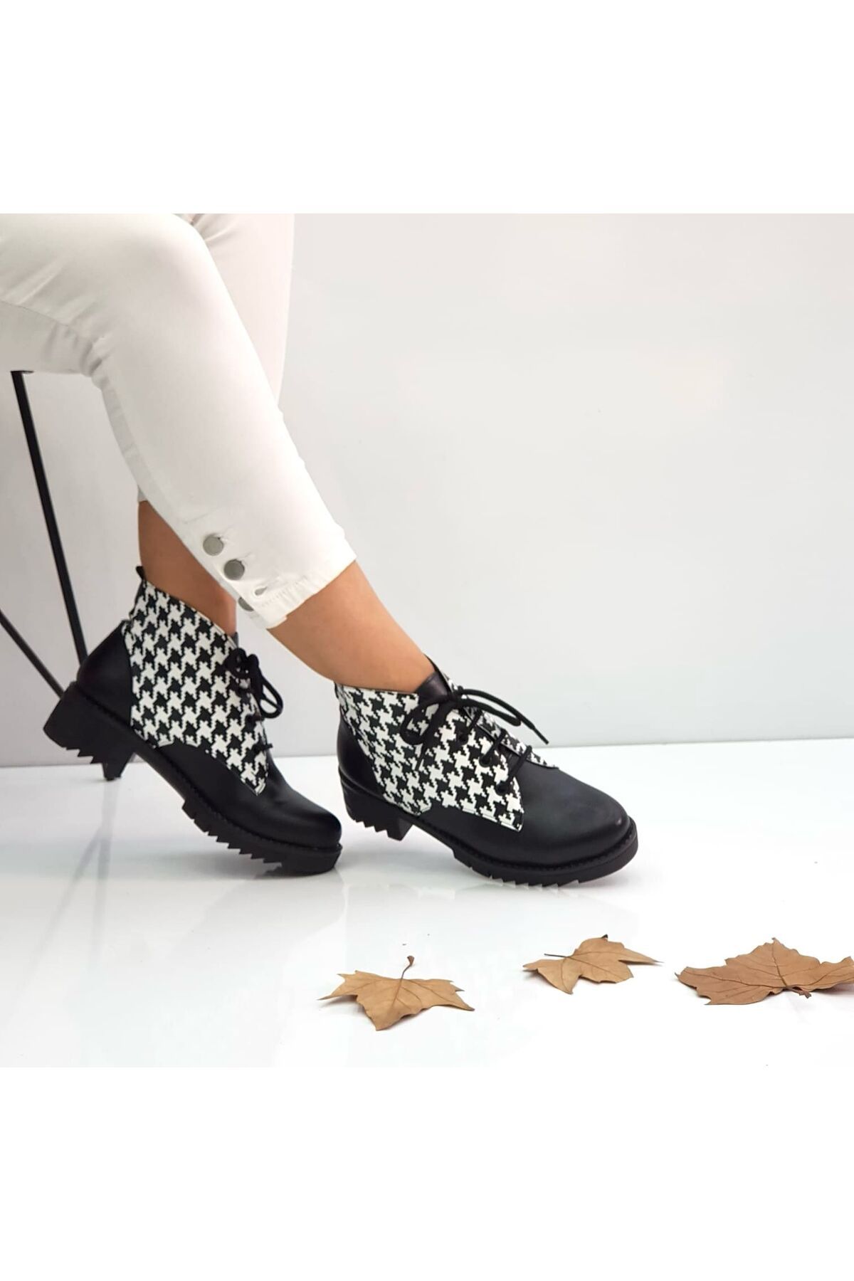 Houndstooth boots black white discount