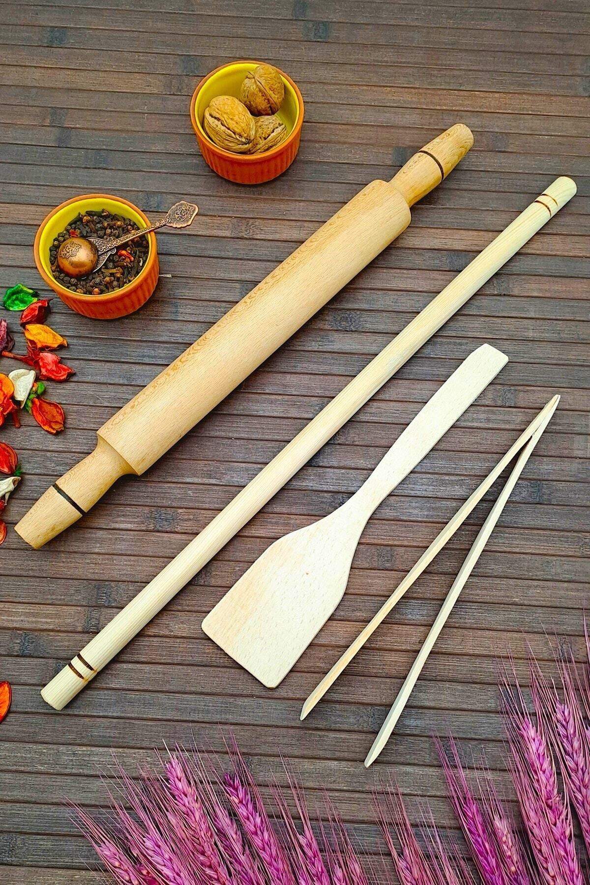 Oklava Merdane Seti Doğal Ahşap 4lü Set 50 Cm Oklava Sabit Merdane Spatula, Maşa