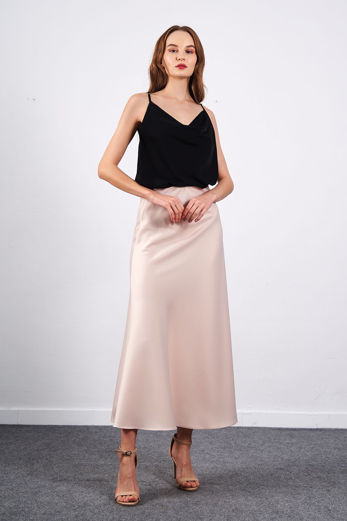 Ortaya k Beige Midi Length Satin Skirt Trendyol