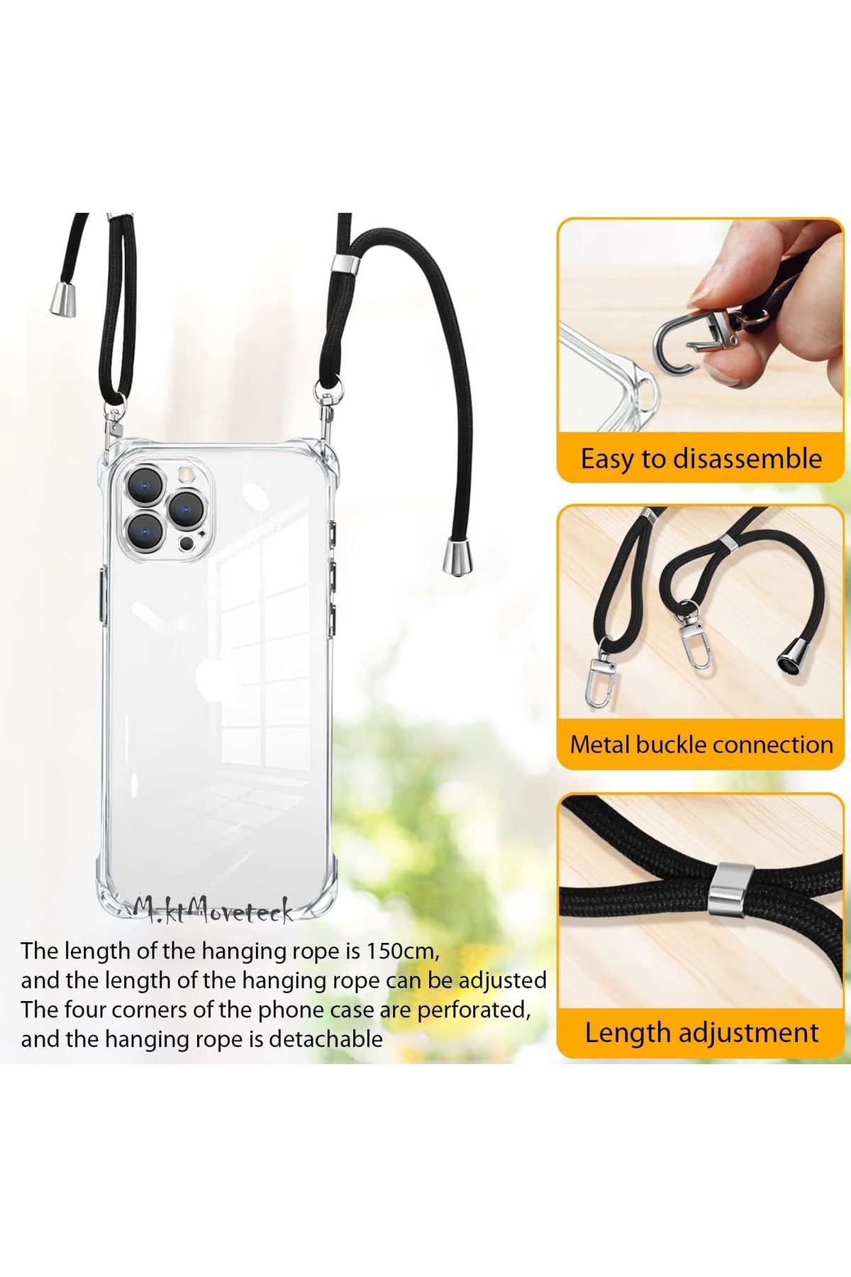 m.tk moveteck-iPhone 15 Pro Max Case Corner Protection Transparent Silicone Neck and Shoulder Strap Drawstring Phone Bag Rope 6