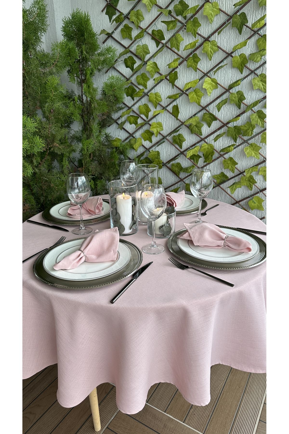 Decamor home-Față de masă rotundă roz pudrat texturată din in 7