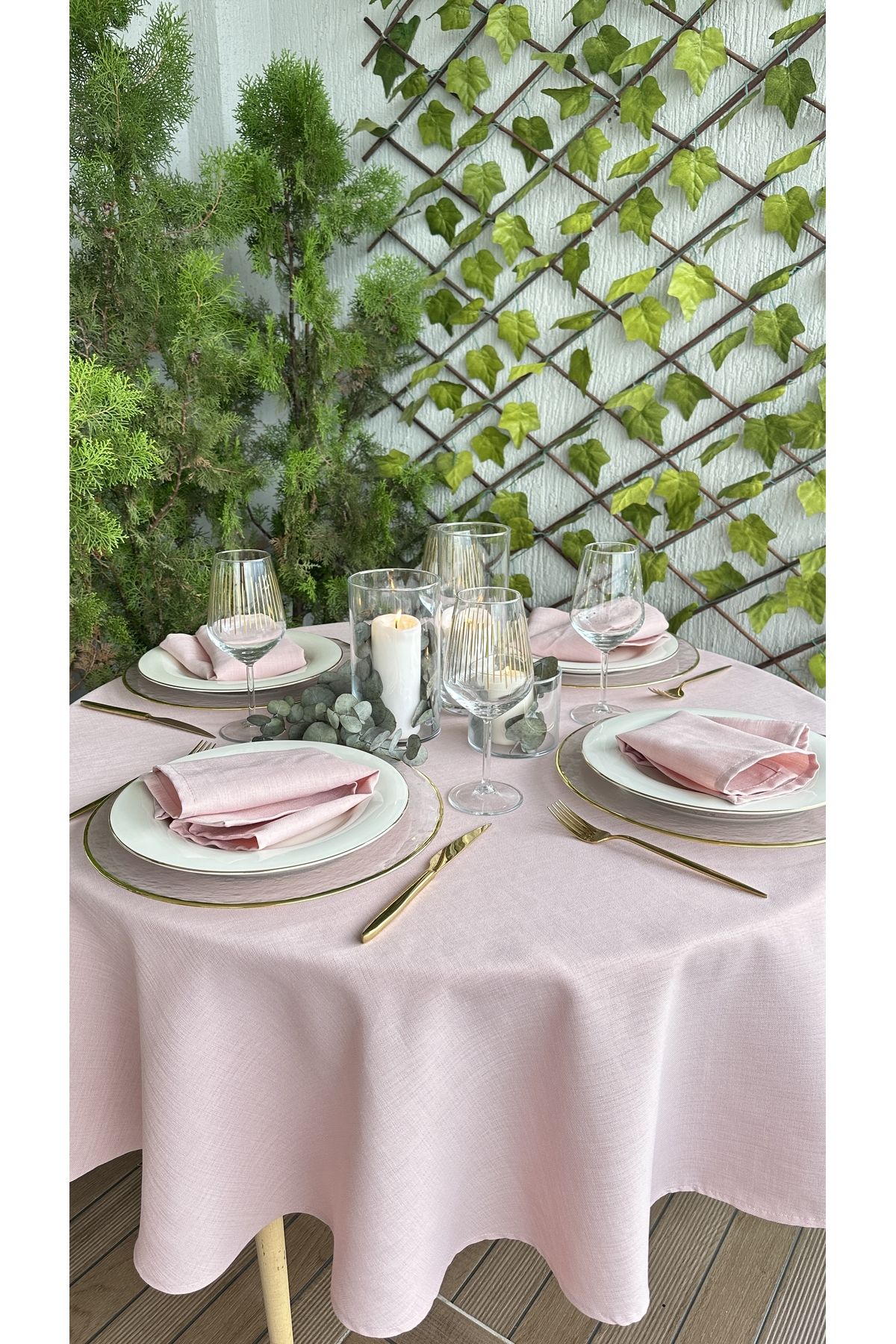Decamor home-Față de masă rotundă roz pudrat texturată din in 8