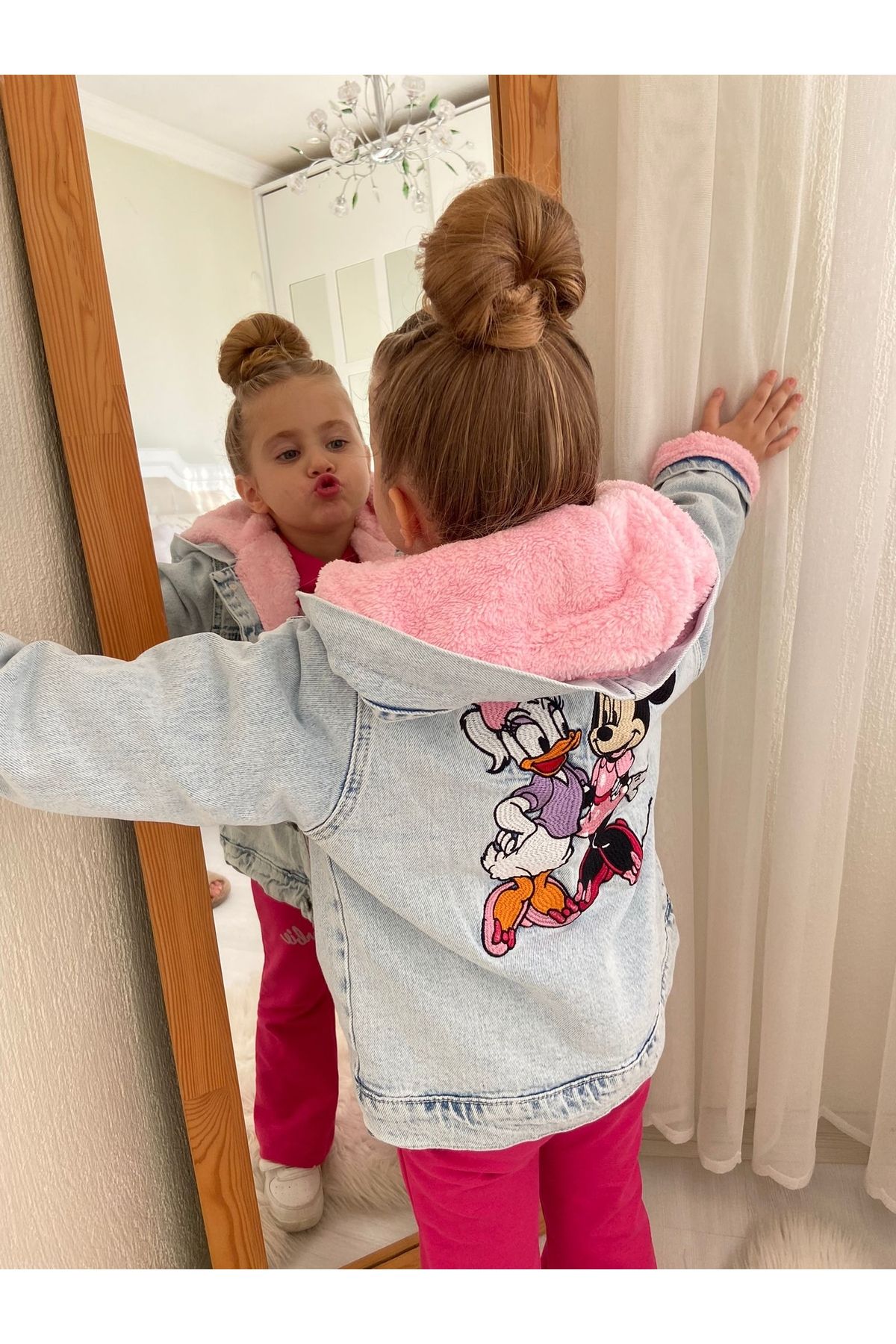 en tarz ocuklar GIRL MINNIE DAISY HOODED THICK DENIM COAT Trendyol