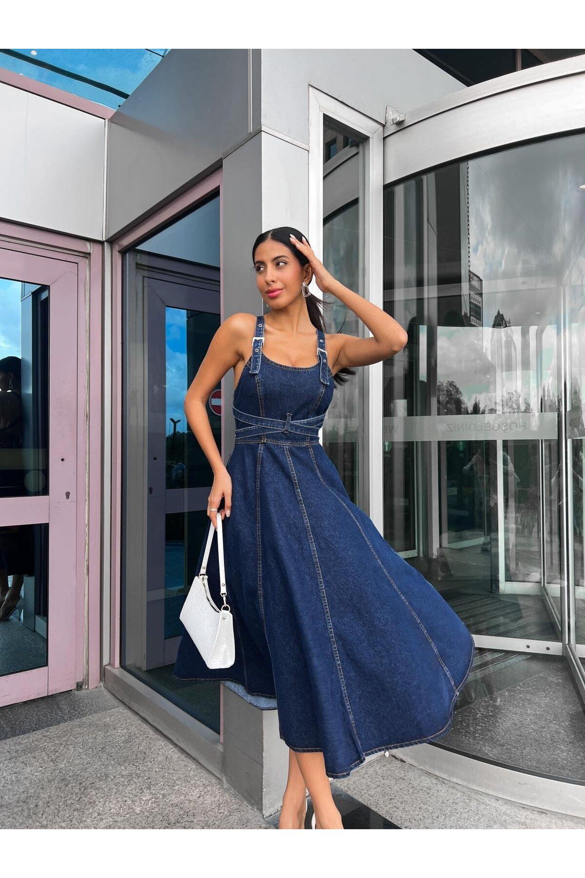 dblovedbrand Blue Design Tie Detail Denim Long Dress Trendyol