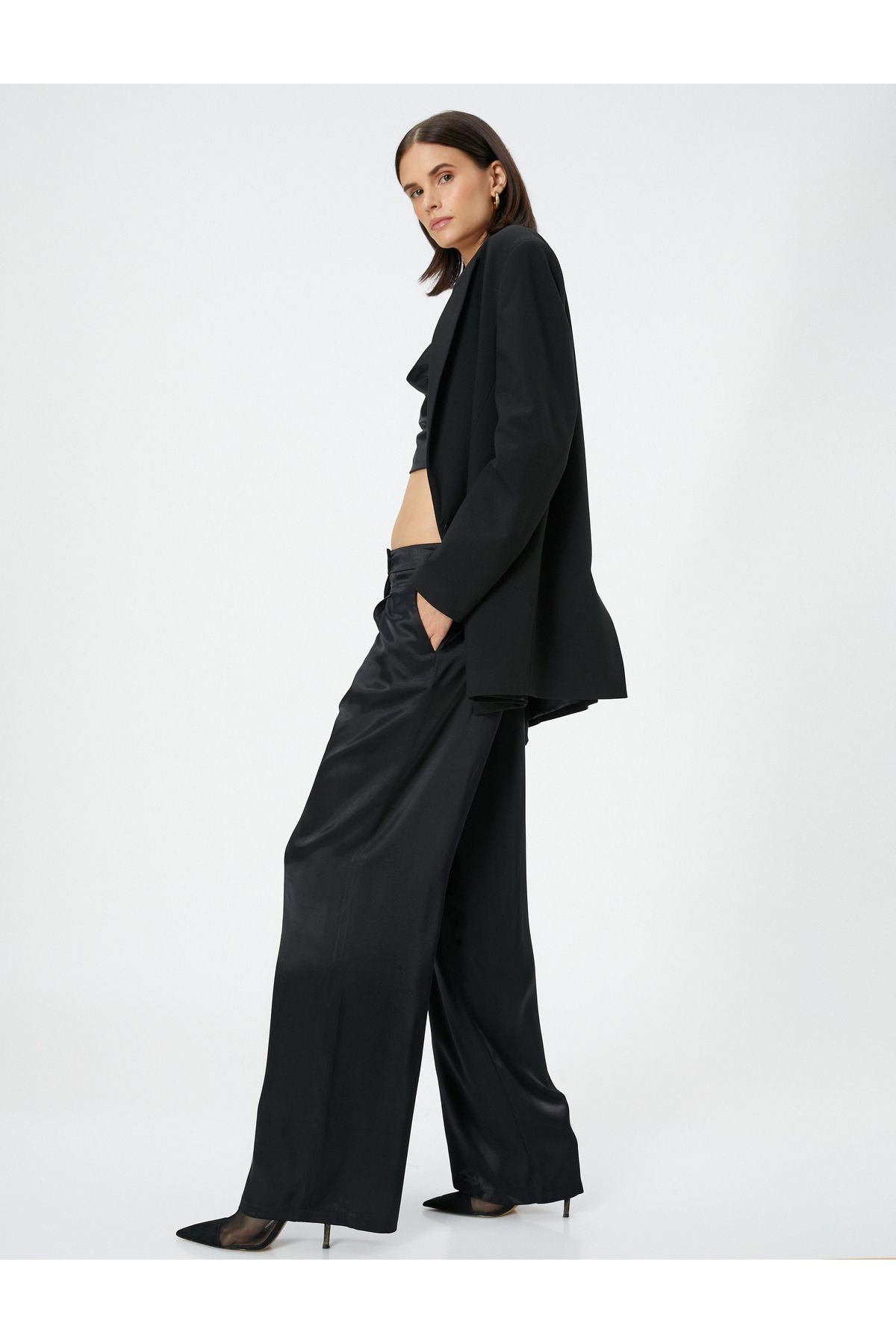 Koton Wide Leg Trousers Pocket Normal Waist Shiny Pleat Detailed