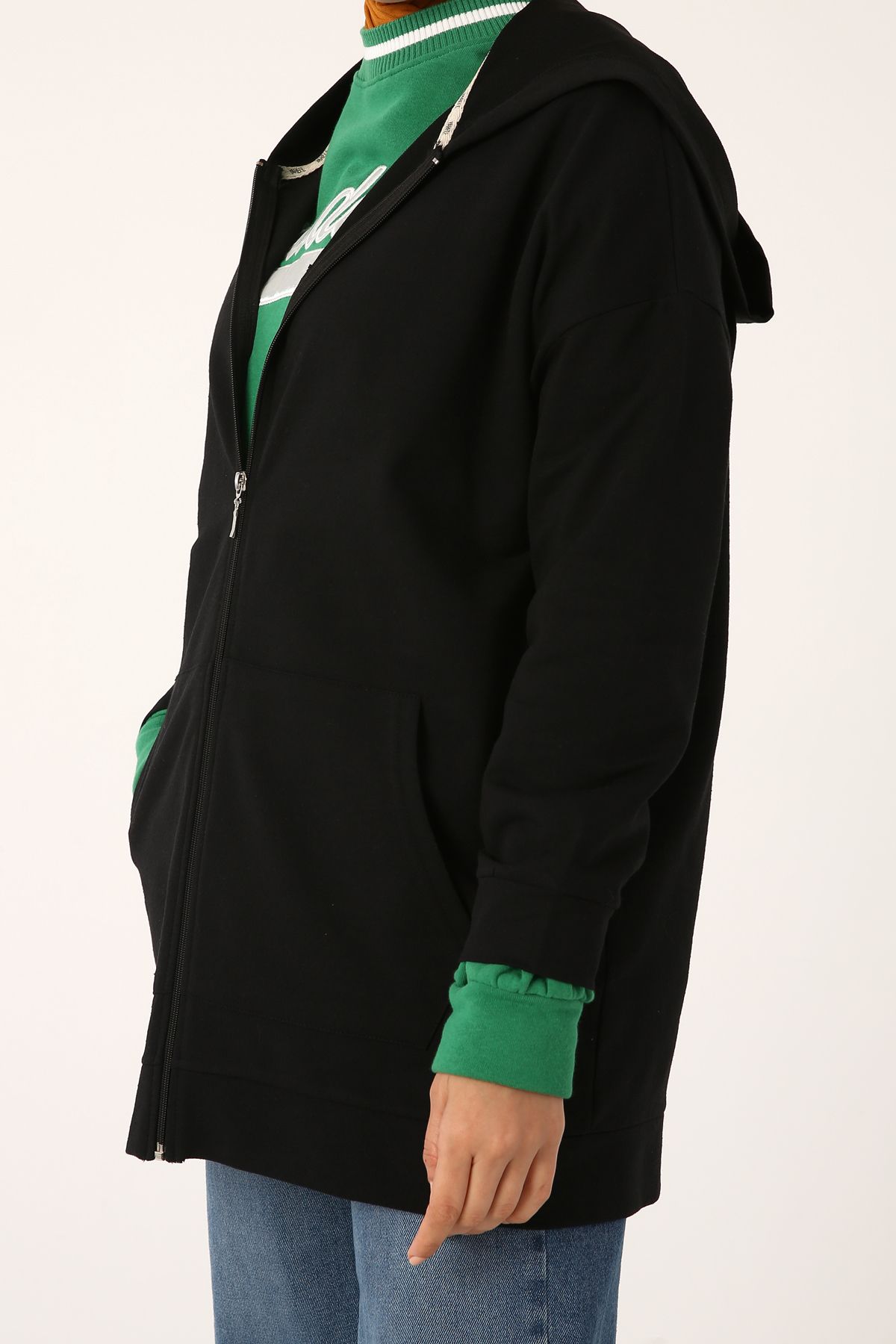 Ekrumoda-Schwarze Strickjacke mit Kapuze und Reißverschluss 2
