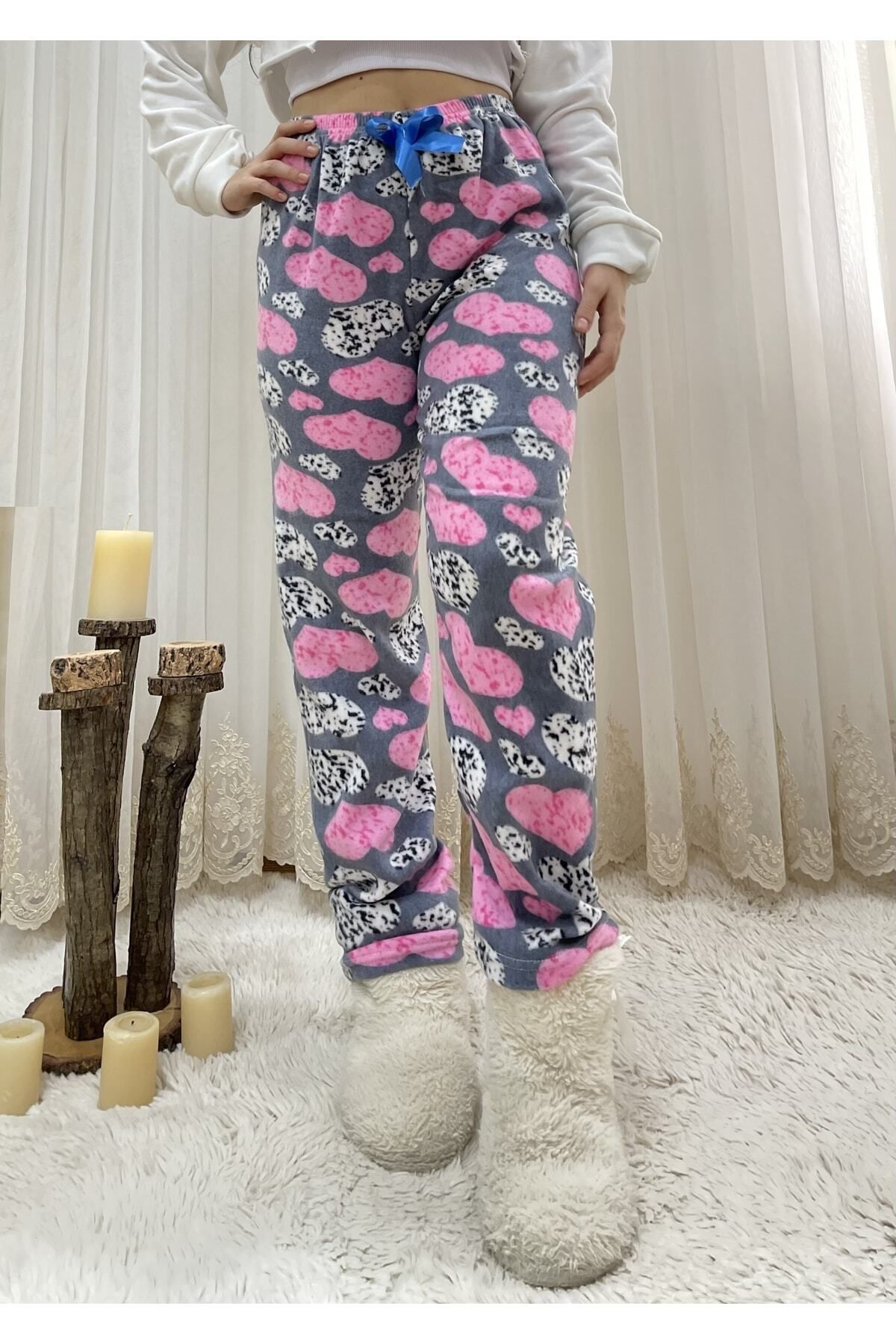 Betimoda Pink Heart Gray Women's Fleece Pajama Bottoms Winter