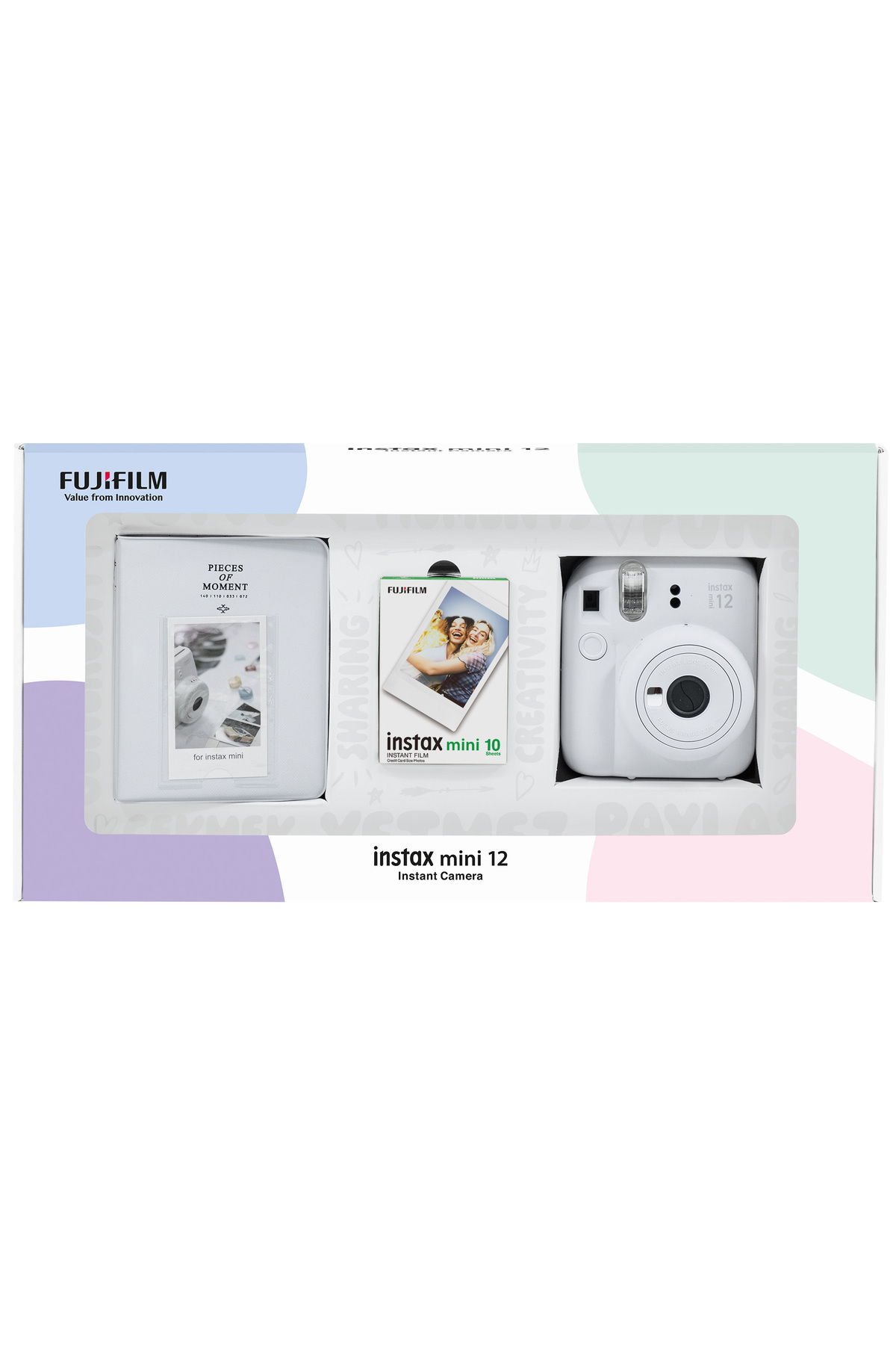 Instax mini 12 White Camera 10-Piece Film and PVC Album Bundle Box