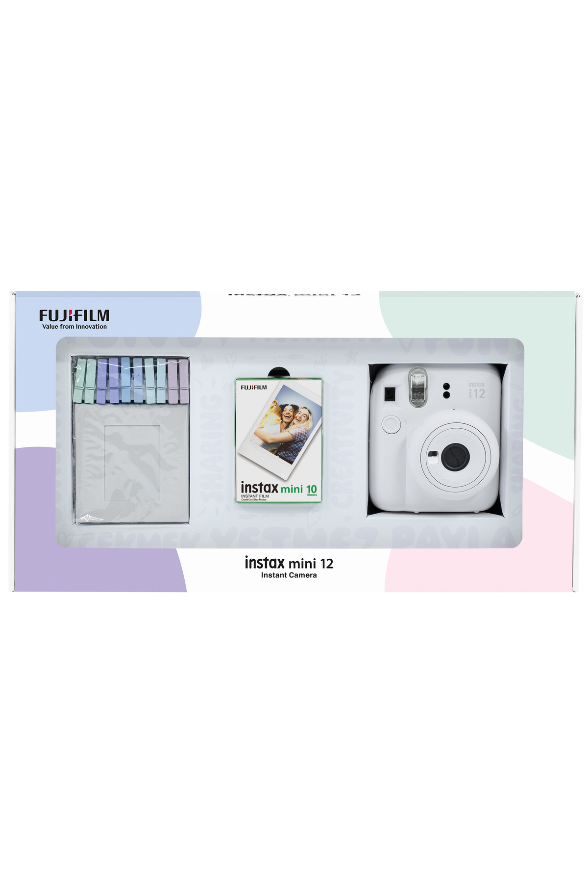 Instax mini 12 White Camera 10-Piece Film and Latch Bundle Box