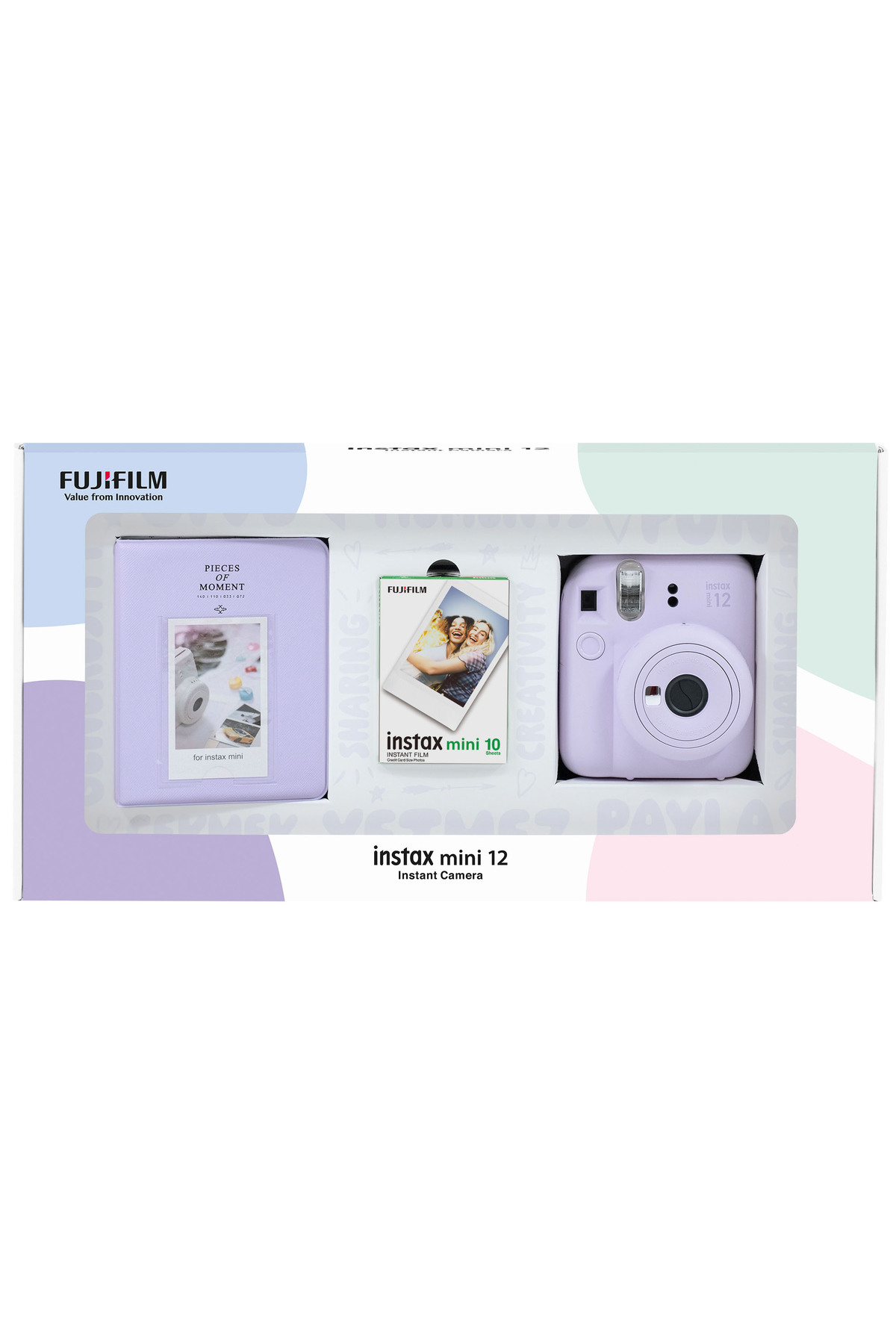 Instax mini 12 Lilac Camera 10-Piece Film and PVC Album Bundle Box