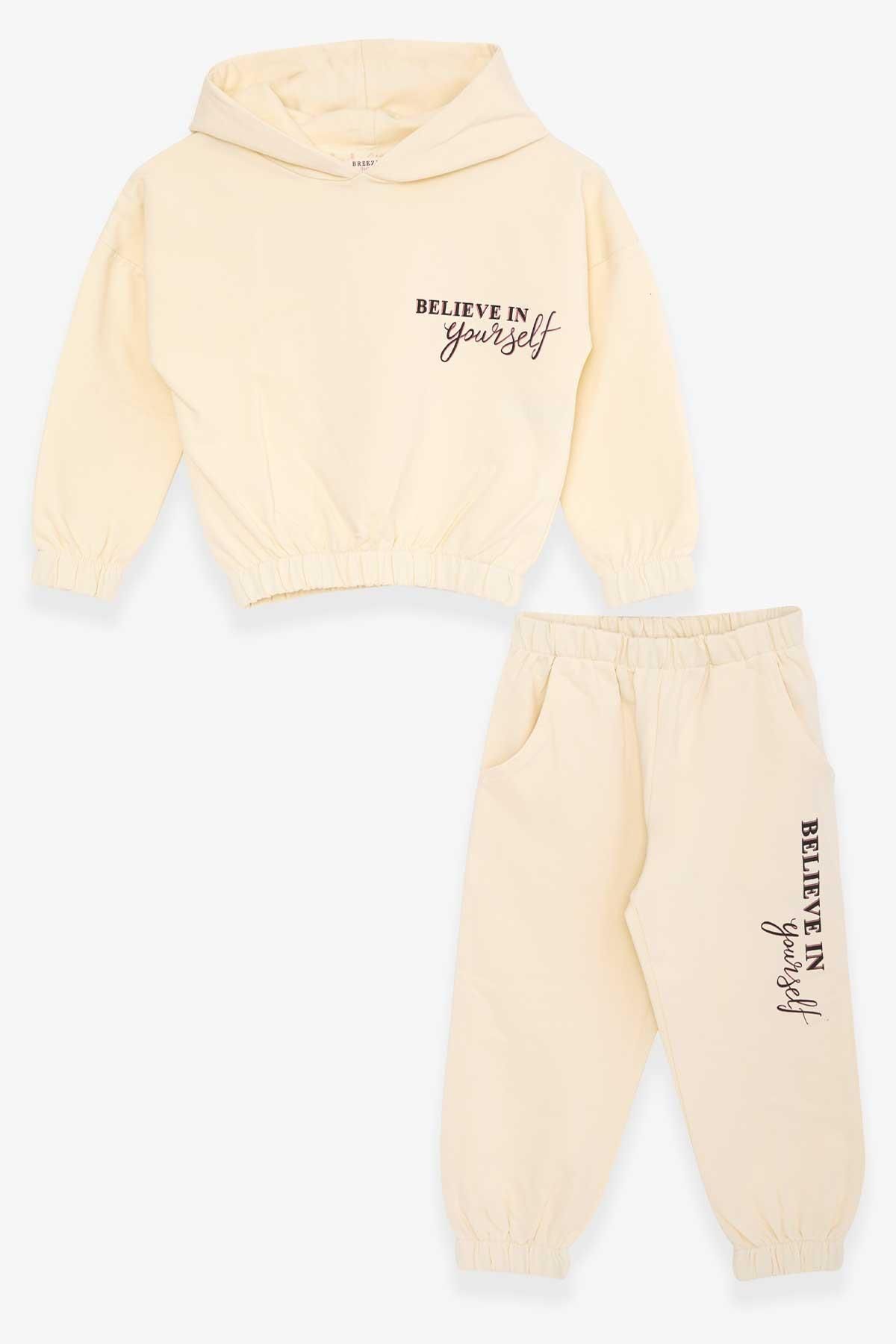Breeze Girl s Tracksuit Set Text Printed Hooded Age 3 7 Cream