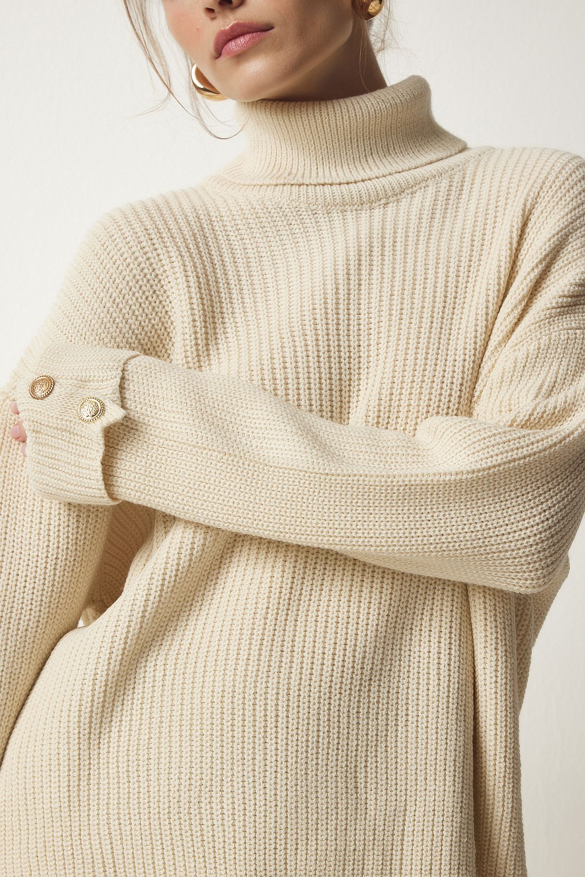 Happiness İstanbul-Women's Cream Button Detailed Turtleneck Oversize Knitwear Sweater YY00183 5