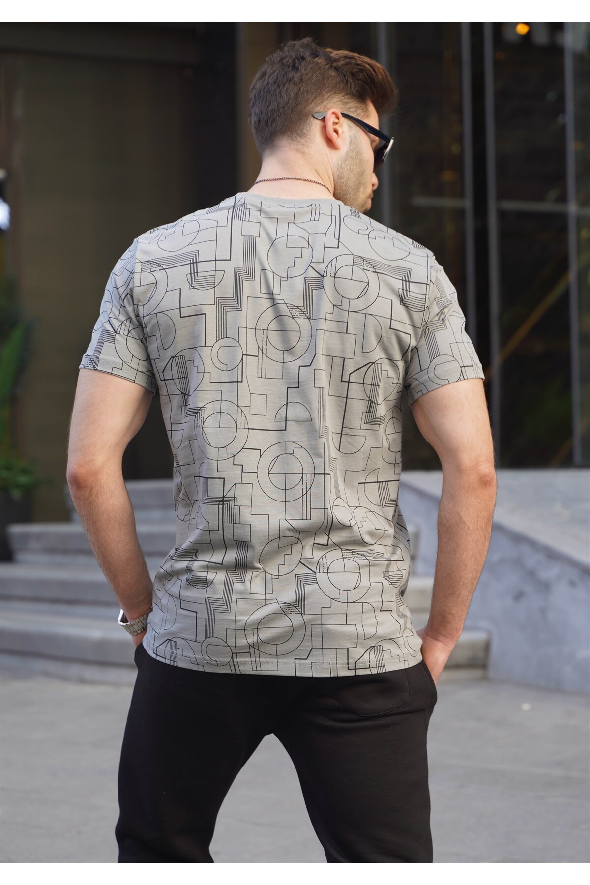 Madmext تی شرت مردانه با طرح باریک خاکستری رنگ شده 6074