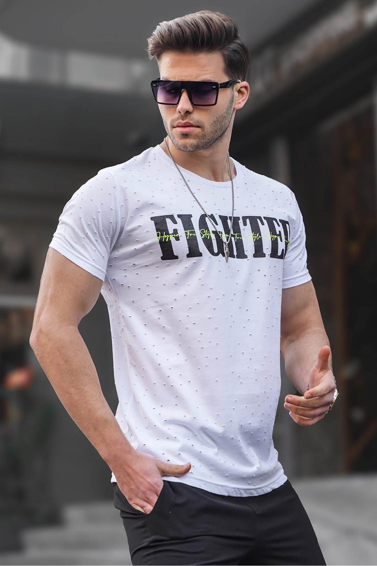 Madmext تی شرت مردانه چاپ شده سفید 4592