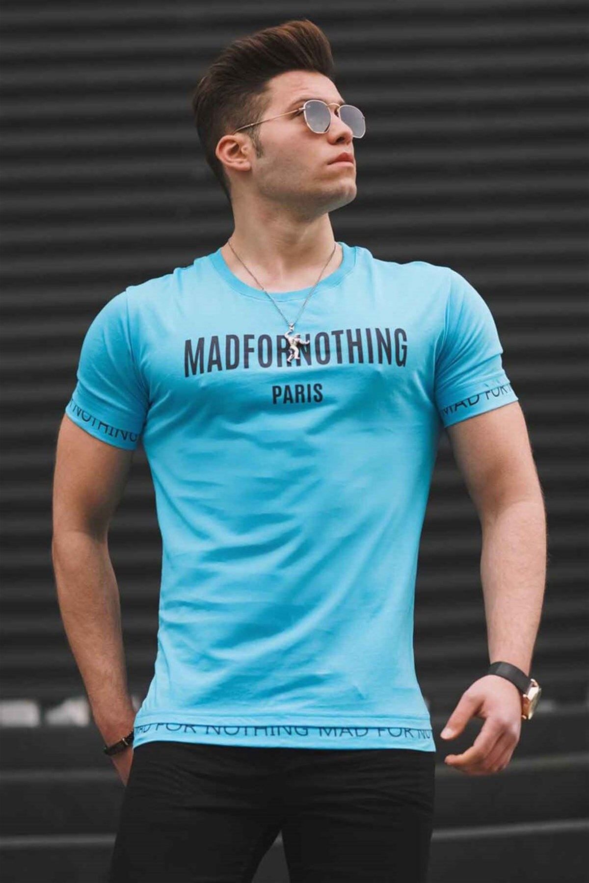 Madmext تی شرت مردانه آبی چاپ شده 4588