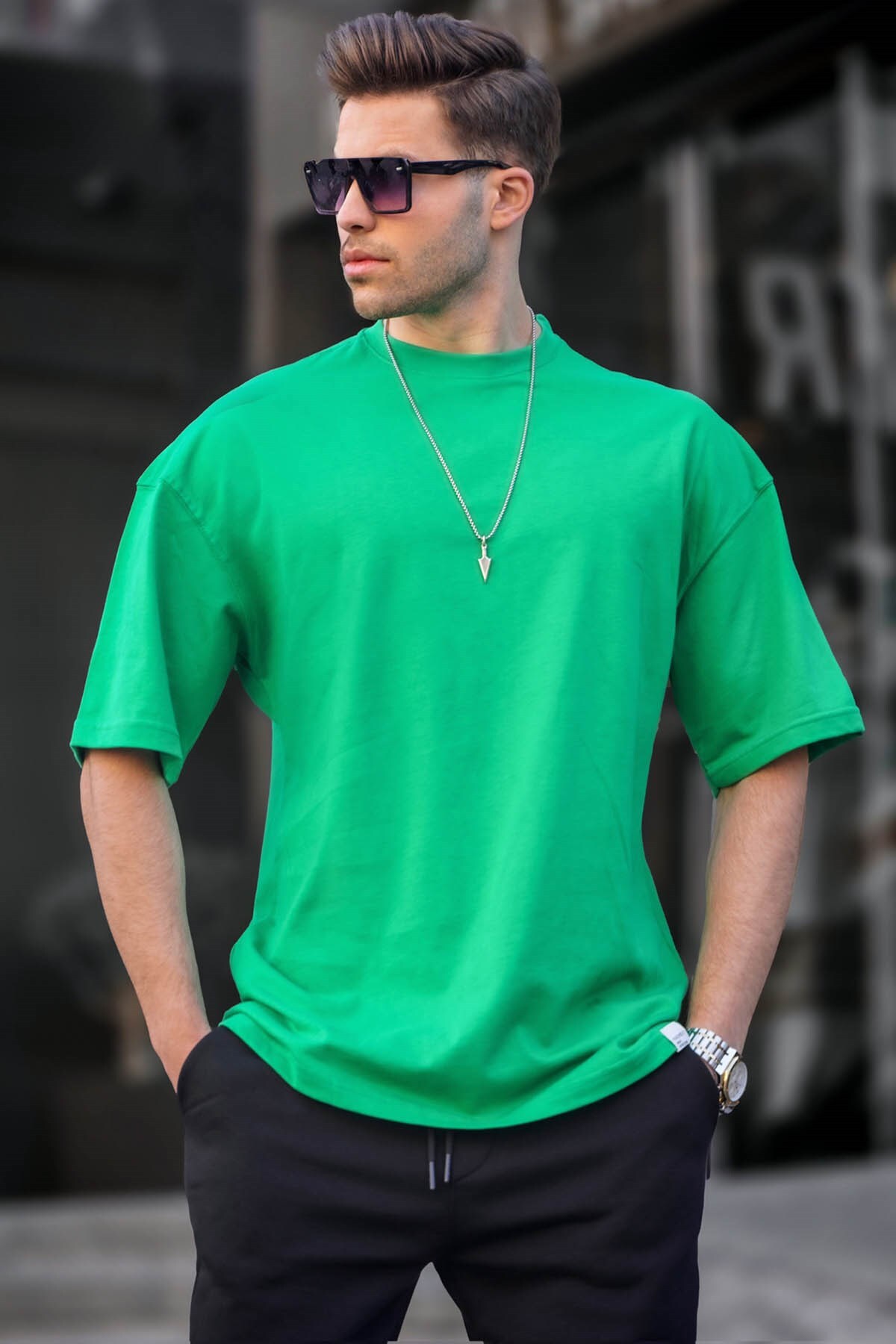Madmext تی شرت 6066 مردانه سبز روشن اورسایز فیت