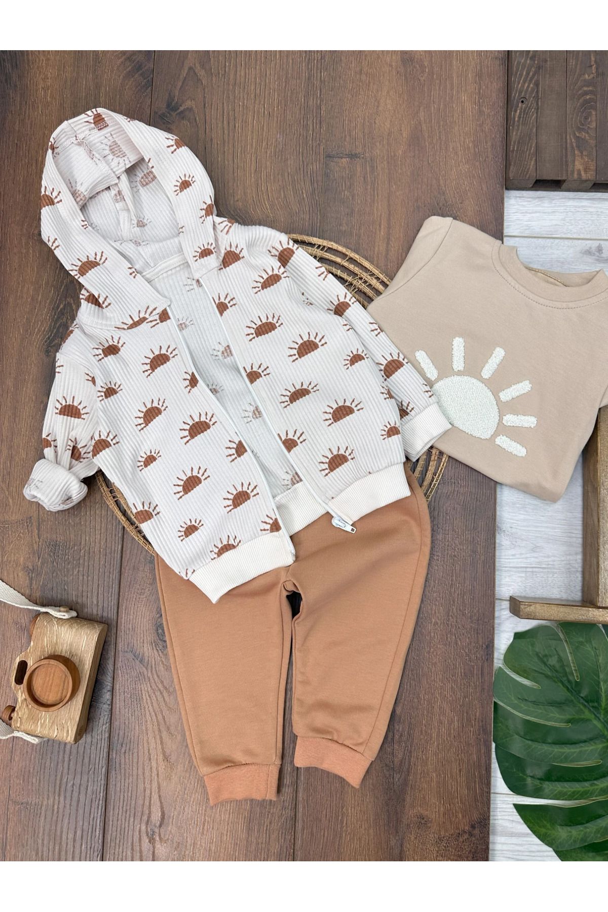 Babexi 100 Cotton Ribbed Zipper Cardigan 3 Piece Baby Boy Set