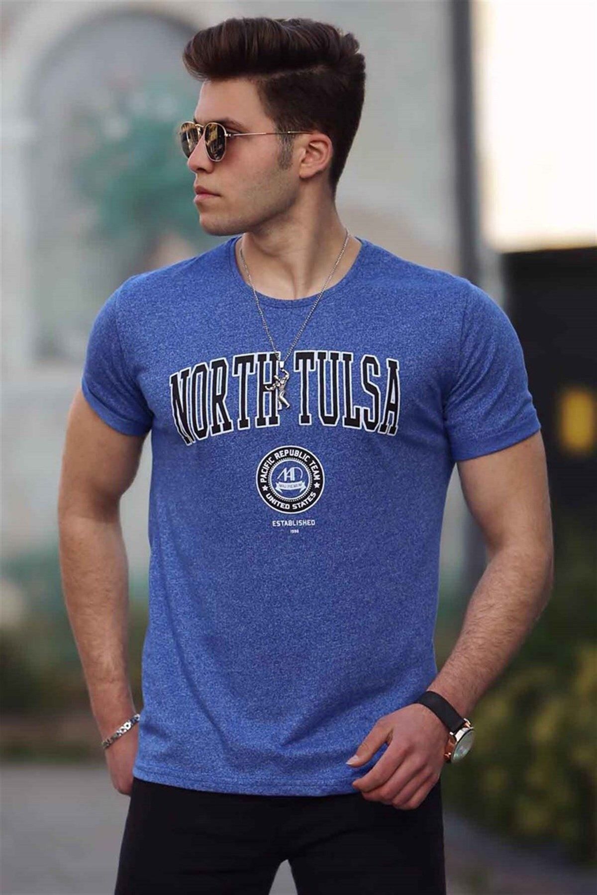 Madmext تی شرت مردانه آبی سرمه ای چاپ شده 4519