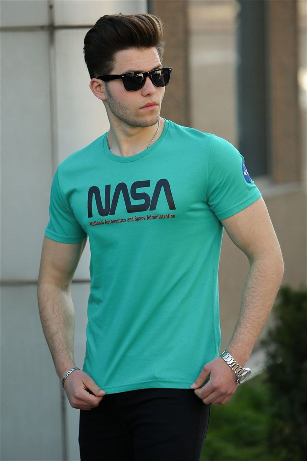 Madmext تی شرت مردانه سبز چاپ شده 4525