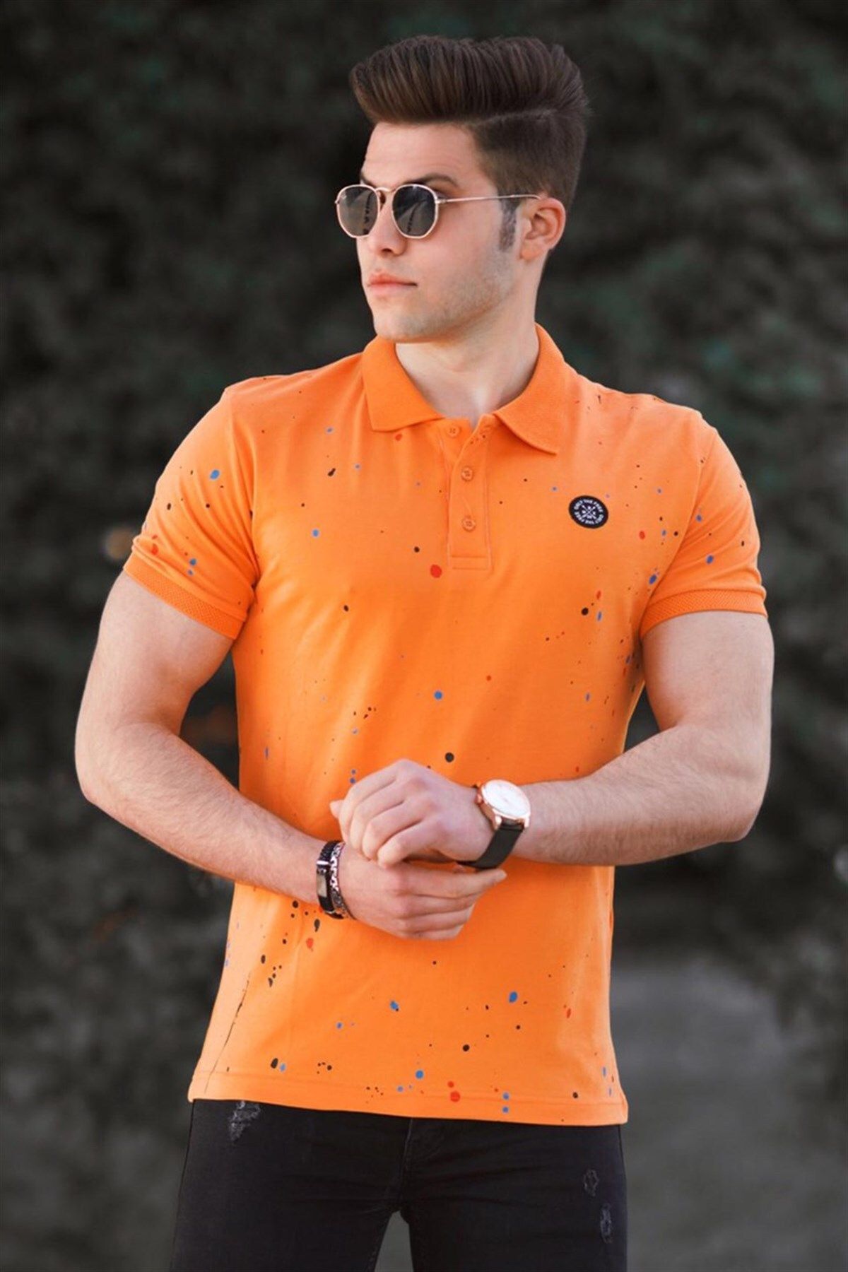 Madmext تی شرت یقه پولو چاپ اسپری نارنجی 4583